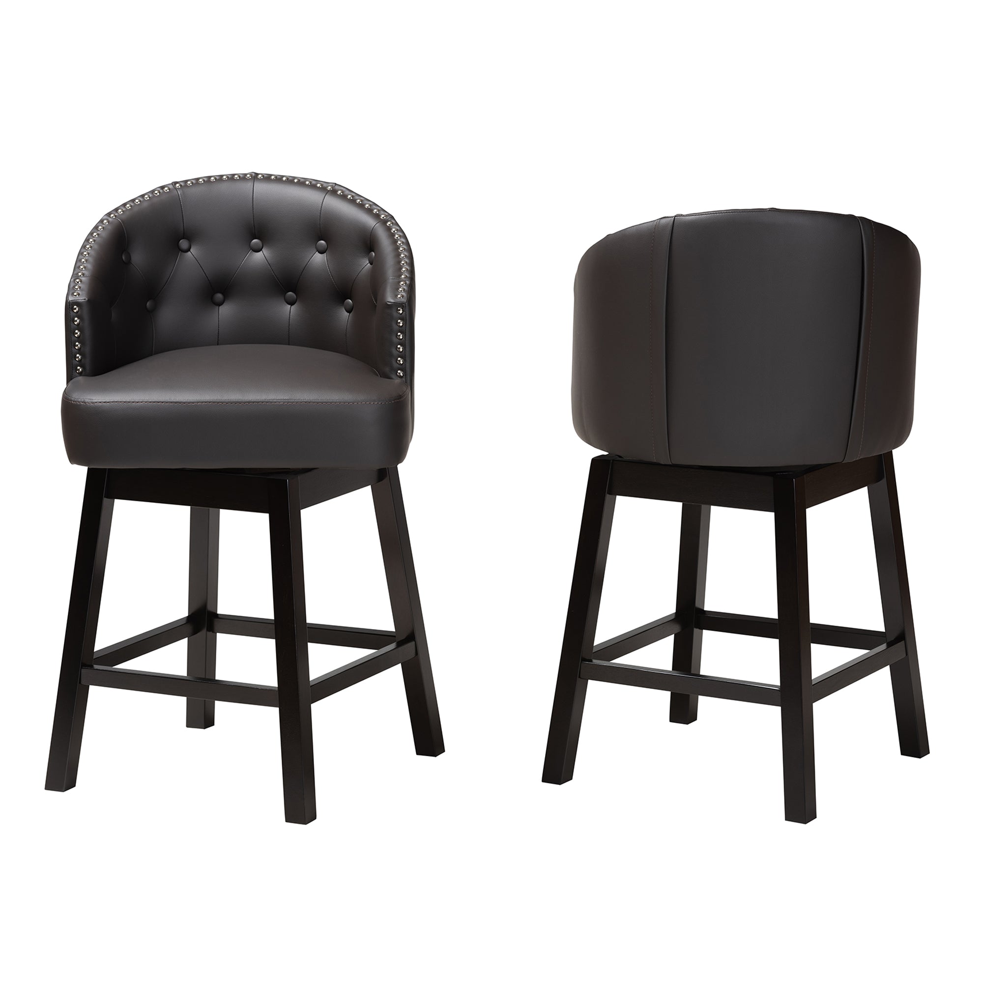 Baxton Studio Theron Mid-Century Transitional Dark Brown Faux Leather and Espresso Brown Finished Wood 2-Piece Swivel Counter Stool Set