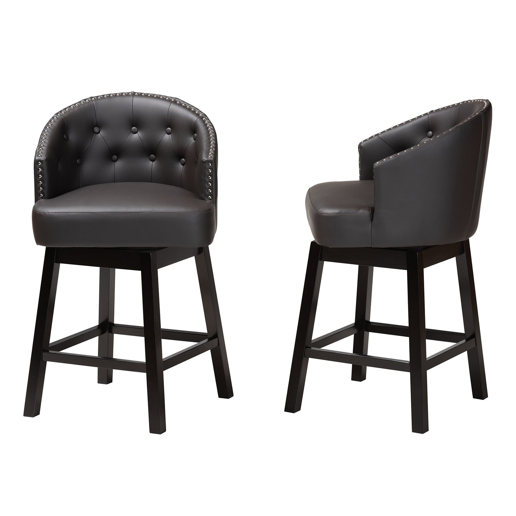 Baxton Studio Theron Mid-Century Transitional Dark Brown Faux Leather and Espresso Brown Finished Wood 2-Piece Swivel Counter Stool Set
