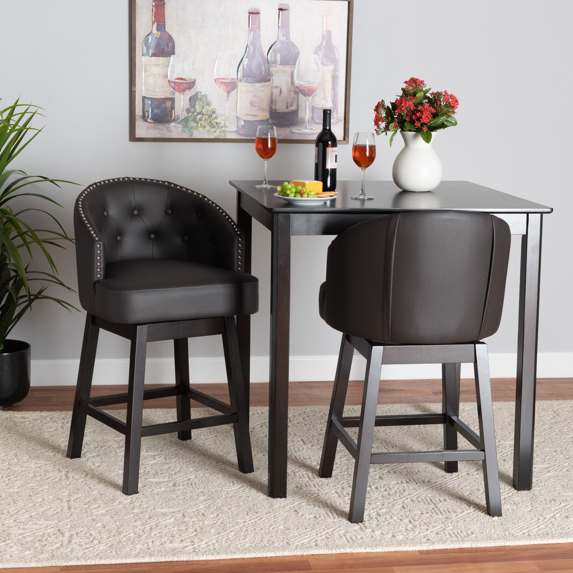 Baxton Studio Theron Mid-Century Transitional Dark Brown Faux Leather and Espresso Brown Finished Wood 2-Piece Swivel Counter Stool Set