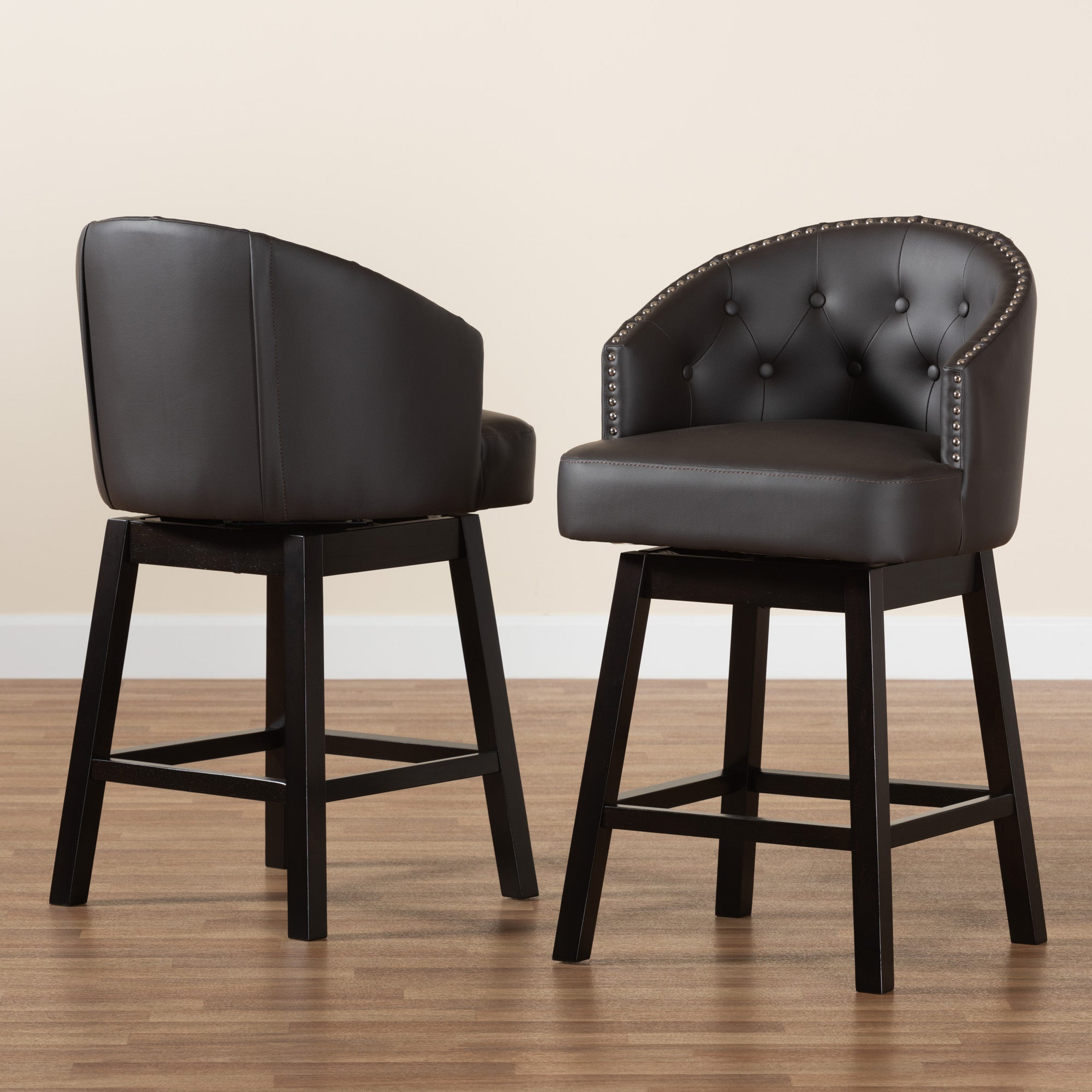 Baxton Studio Theron Mid-Century Transitional Dark Brown Faux Leather and Espresso Brown Finished Wood 2-Piece Swivel Counter Stool Set