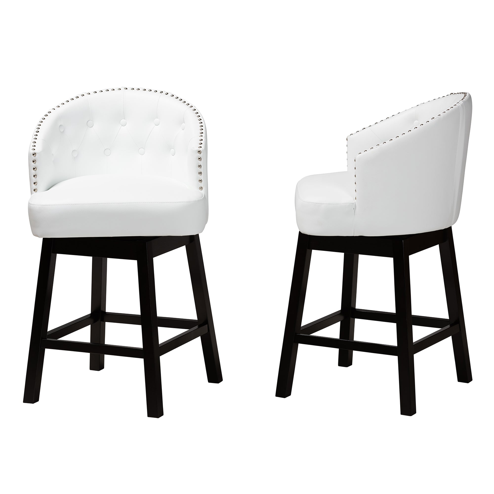 Baxton Studio Theron Mid-Century Transitional White Faux Leather and Espresso Brown Finished Wood 2-Piece Swivel Counter Stool Set