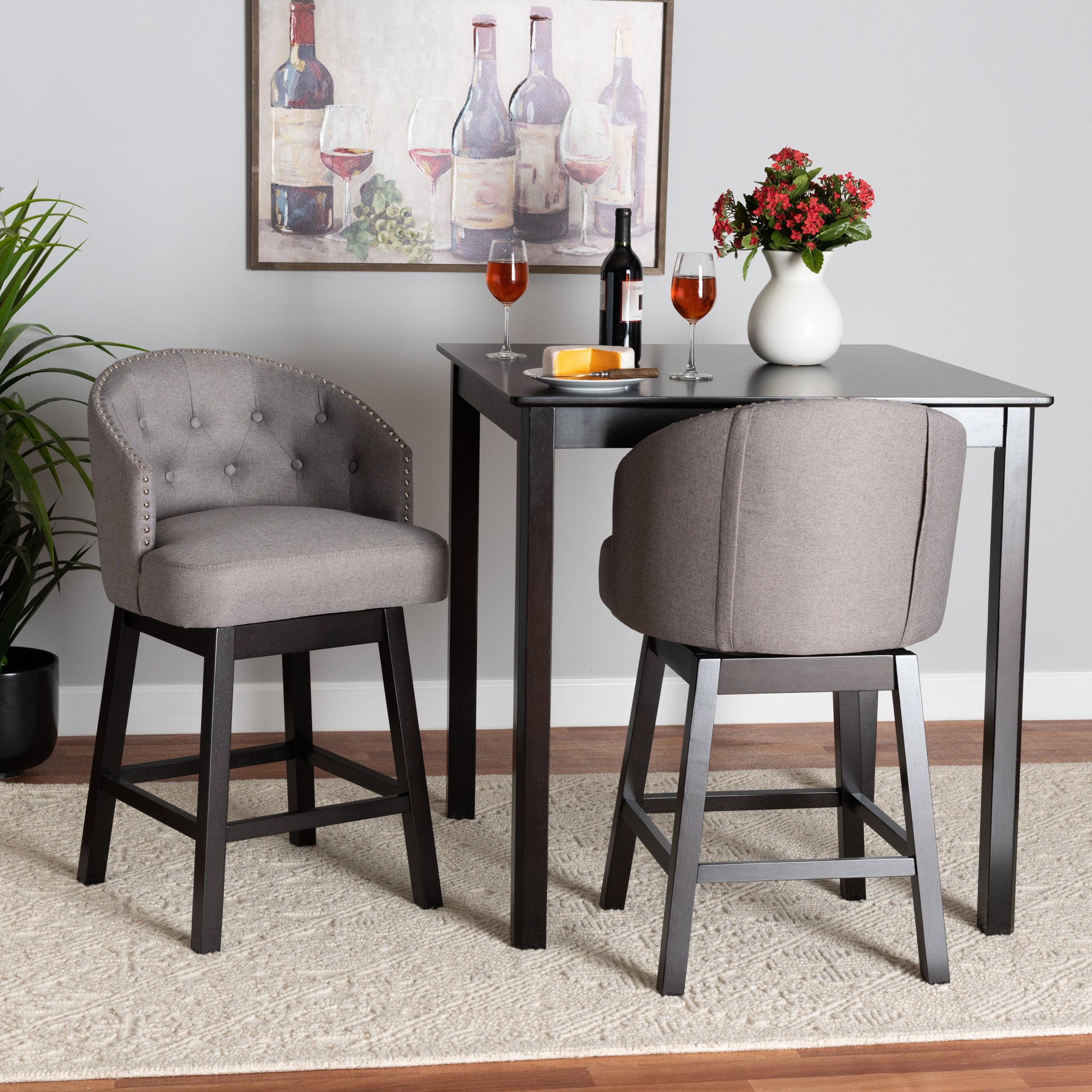 Baxton Studio Theron Mid-Century Transitional Grey Fabric and Espresso Brown Finished Wood 2-Piece Swivel Counter Stool Set