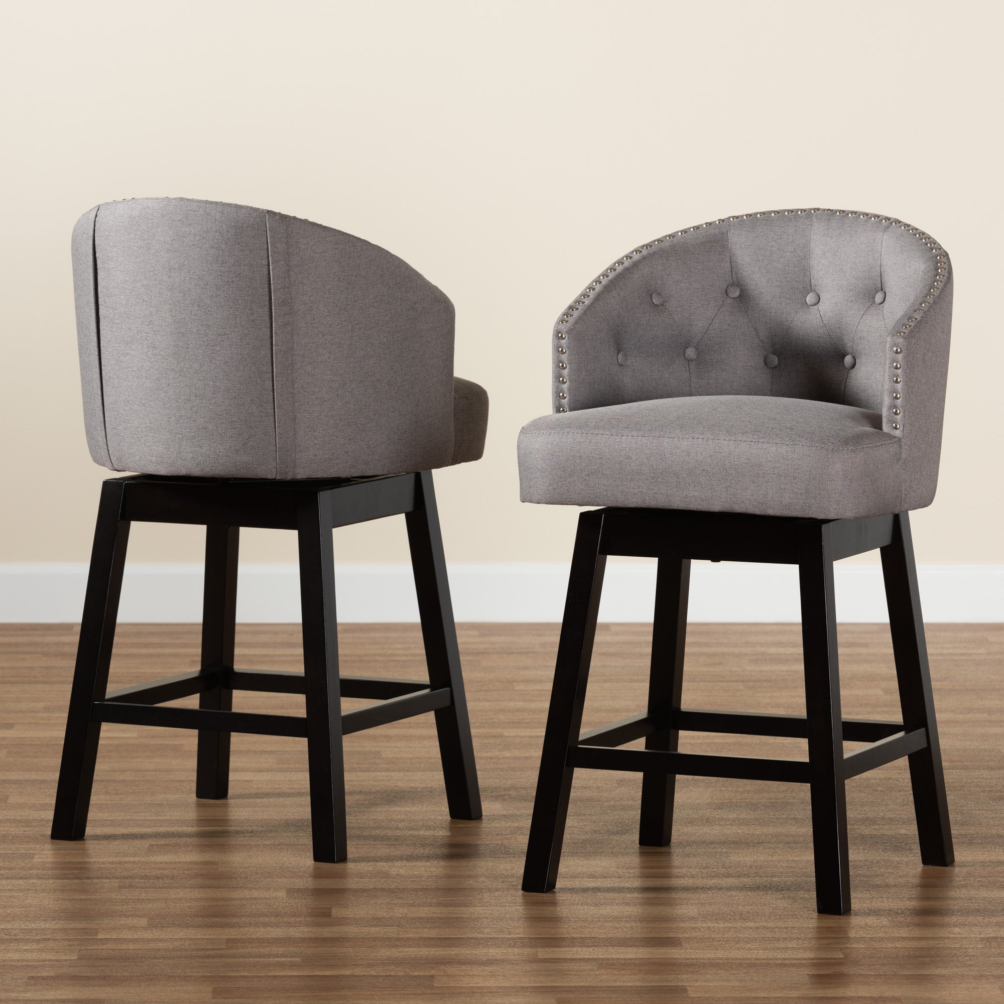 Baxton Studio Theron Mid-Century Transitional Grey Fabric and Espresso Brown Finished Wood 2-Piece Swivel Counter Stool Set
