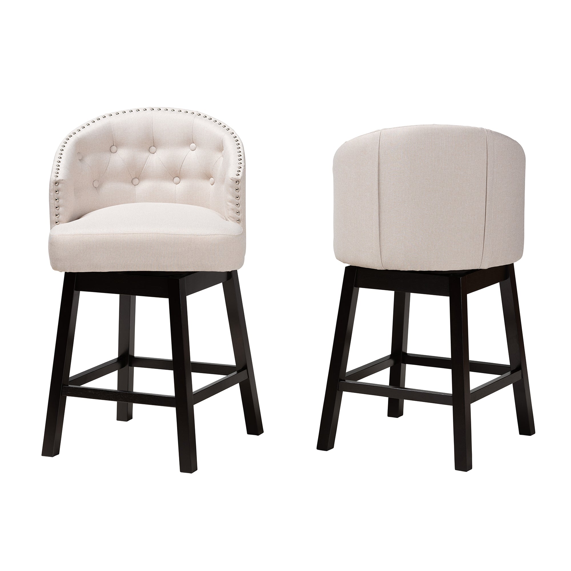 Baxton Studio Theron Mid-Century Transitional Light Beige Fabric and Espresso Brown Finished Wood 2-Piece Swivel Counter Stool Set