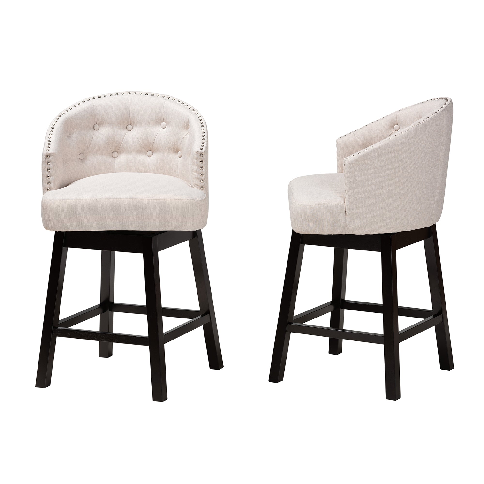 Baxton Studio Theron Mid-Century Transitional Light Beige Fabric and Espresso Brown Finished Wood 2-Piece Swivel Counter Stool Set