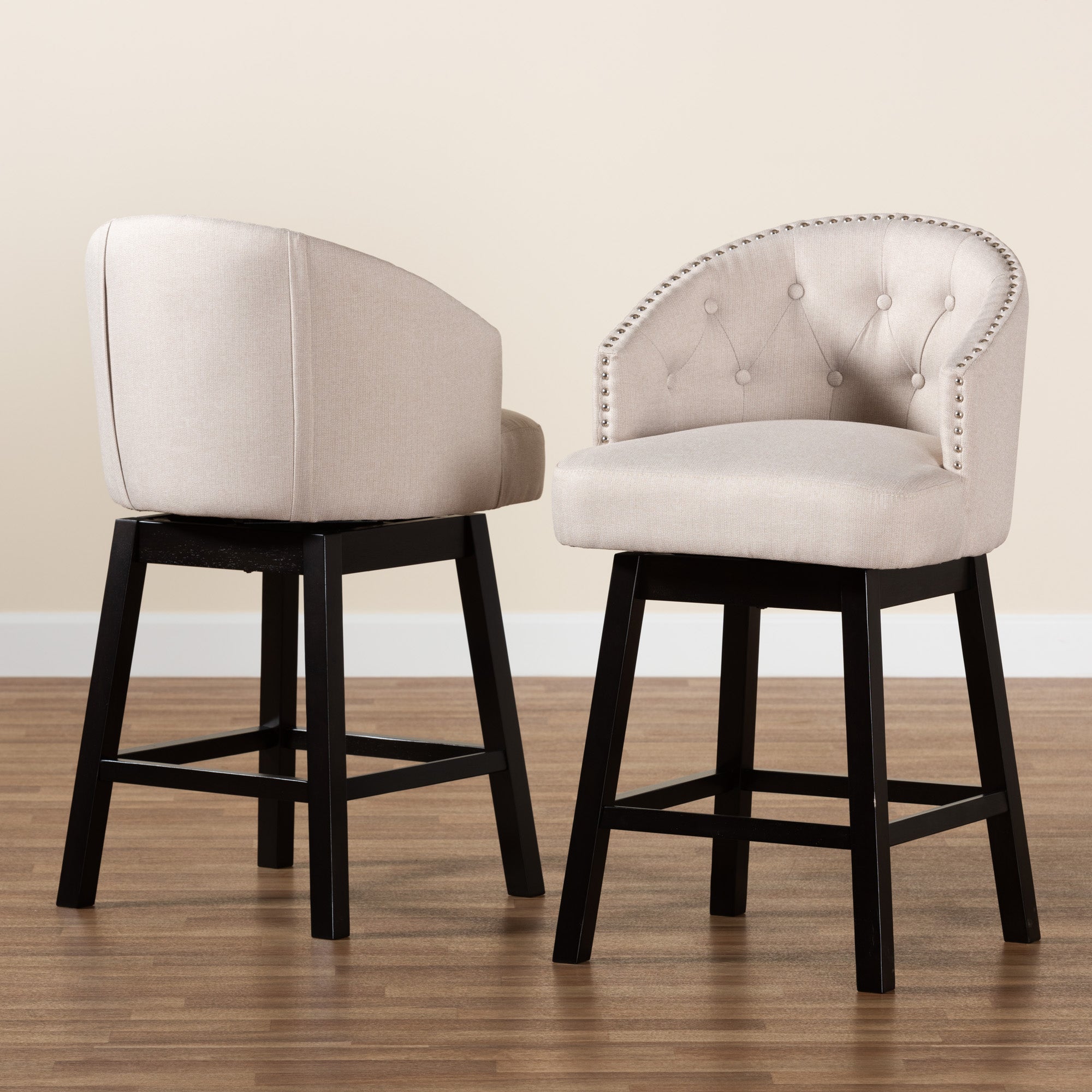 Baxton Studio Theron Mid-Century Transitional Light Beige Fabric and Espresso Brown Finished Wood 2-Piece Swivel Counter Stool Set