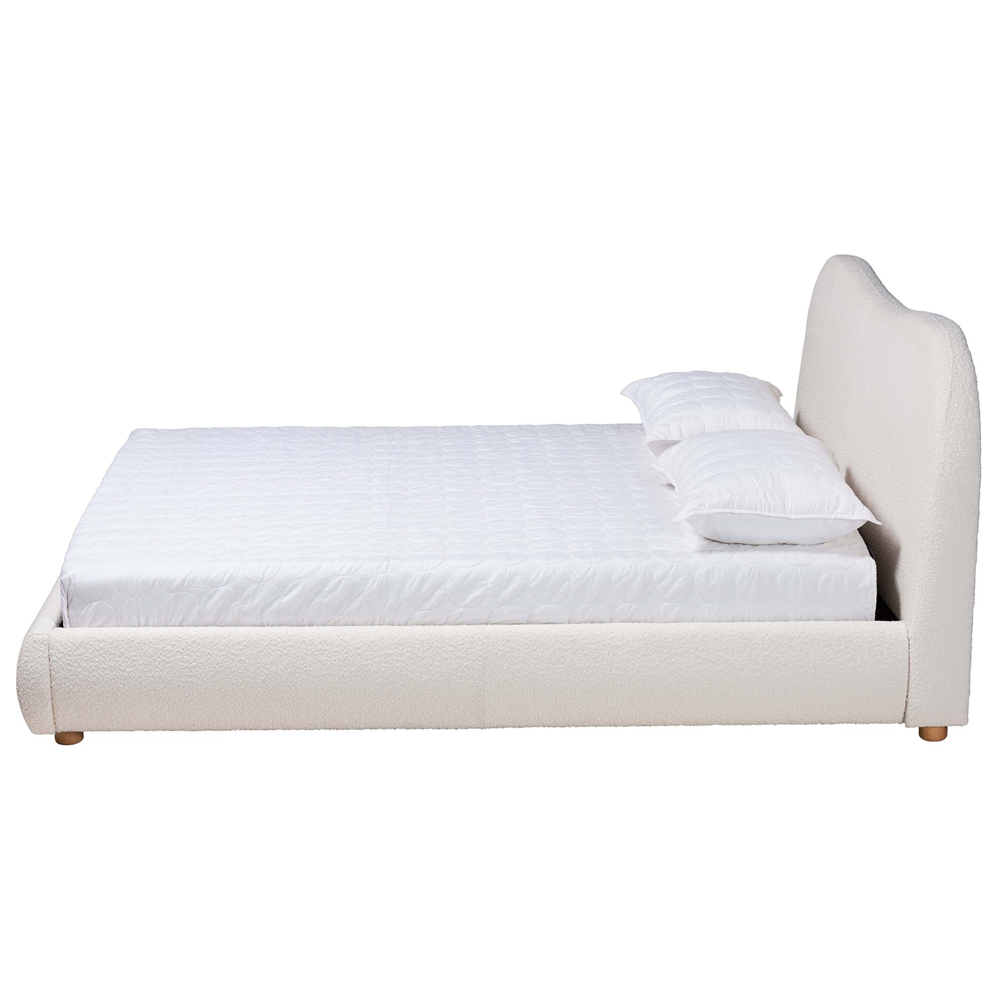 Baxton Studio Maya Mid-Century Modern Cream Boucle Fabric and Oak Brown Finished Wood Queen Size Platform Bed