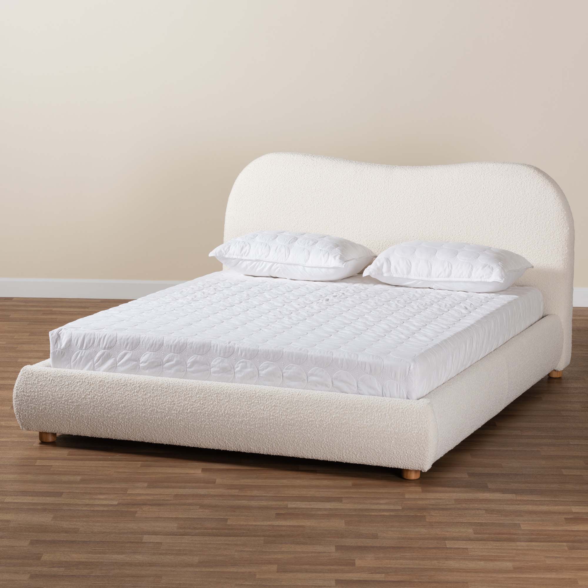 Baxton Studio Maya Mid-Century Modern Cream Boucle Fabric and Oak Brown Finished Wood Queen Size Platform Bed