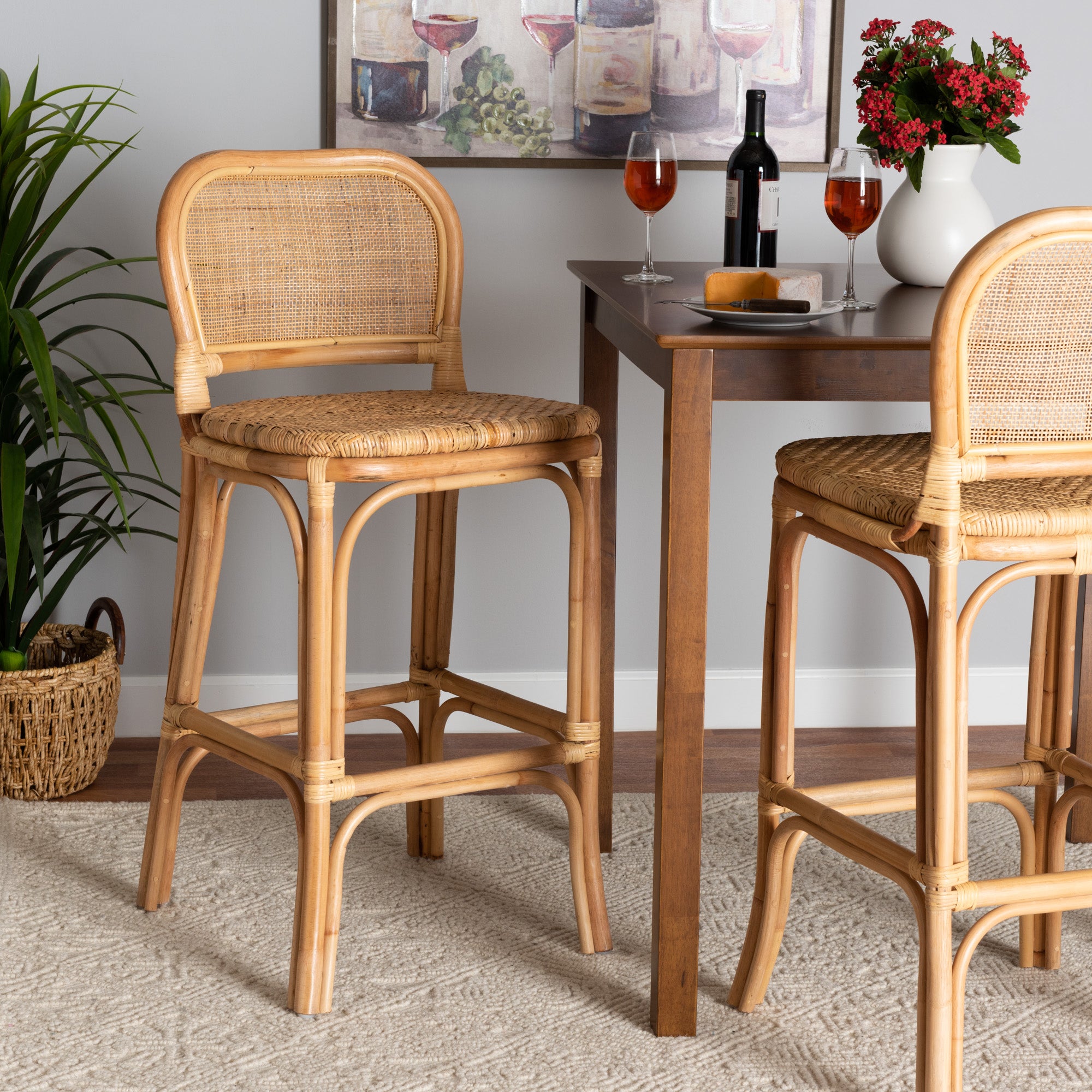 bali & pari Adrena Modern Bohemian Natural Brown Rattan Bar Stool