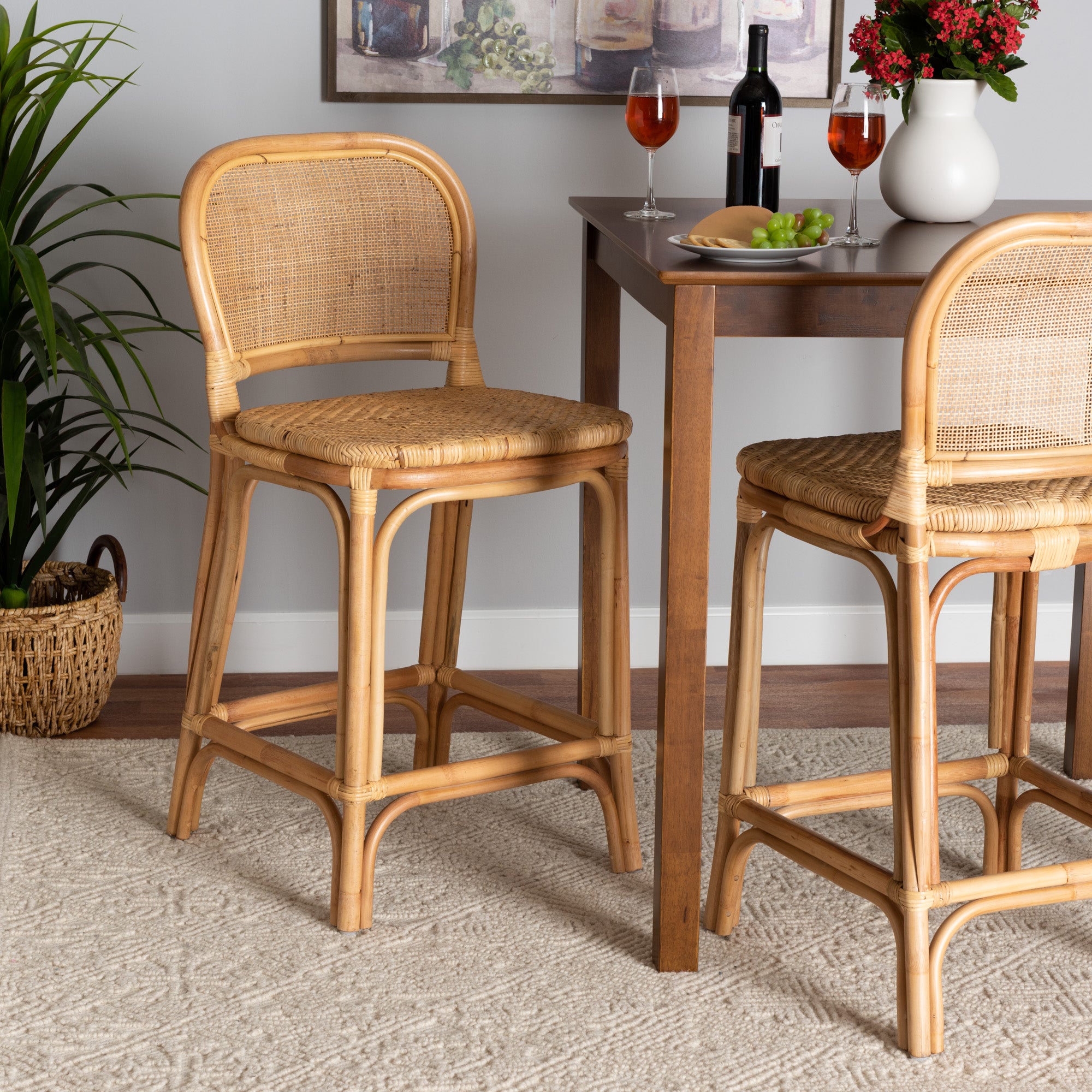 bali & pari Adrena Modern Bohemian Natural Brown Rattan Counter Stool