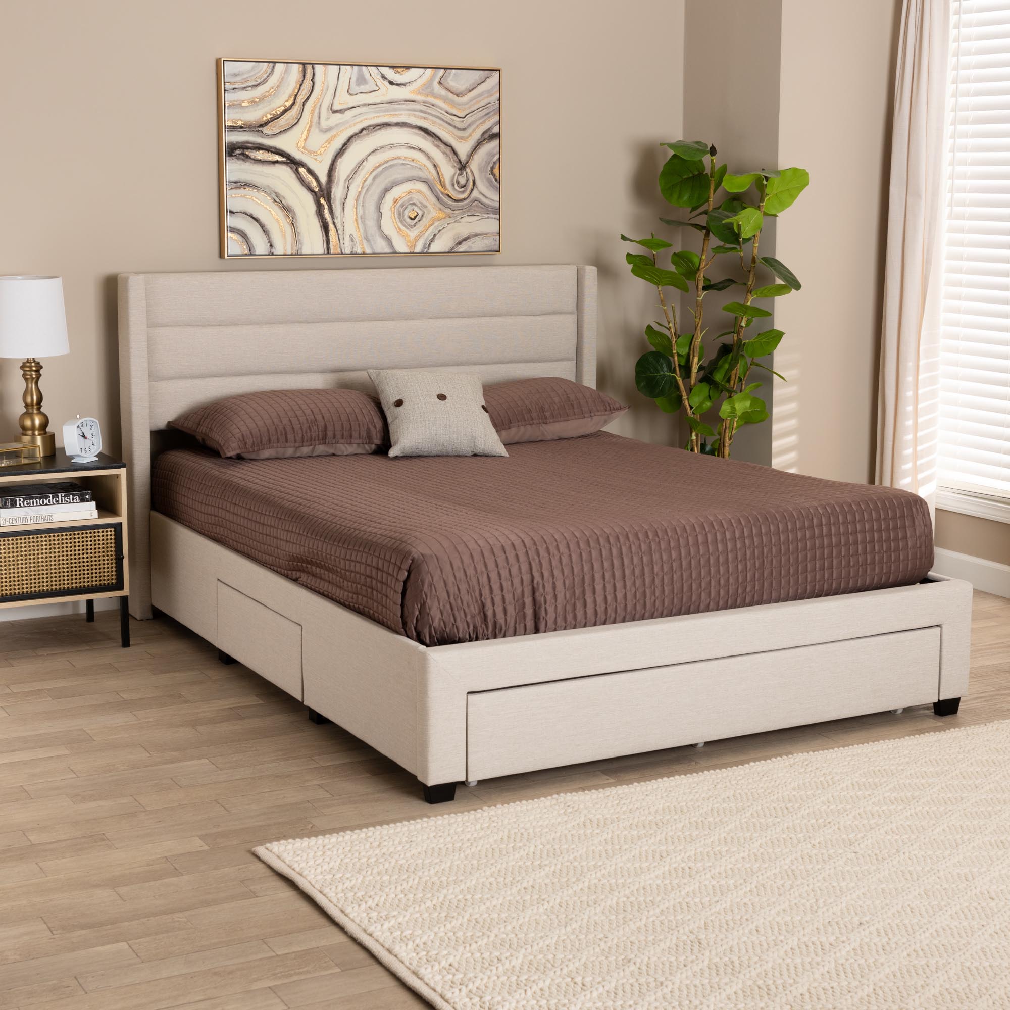 Baxton Studio Braylon Mid-Century Modern Transitional Beige Fabric and Dark Brown Finished Wood Full Size 3-Drawer Storage Platform Bed