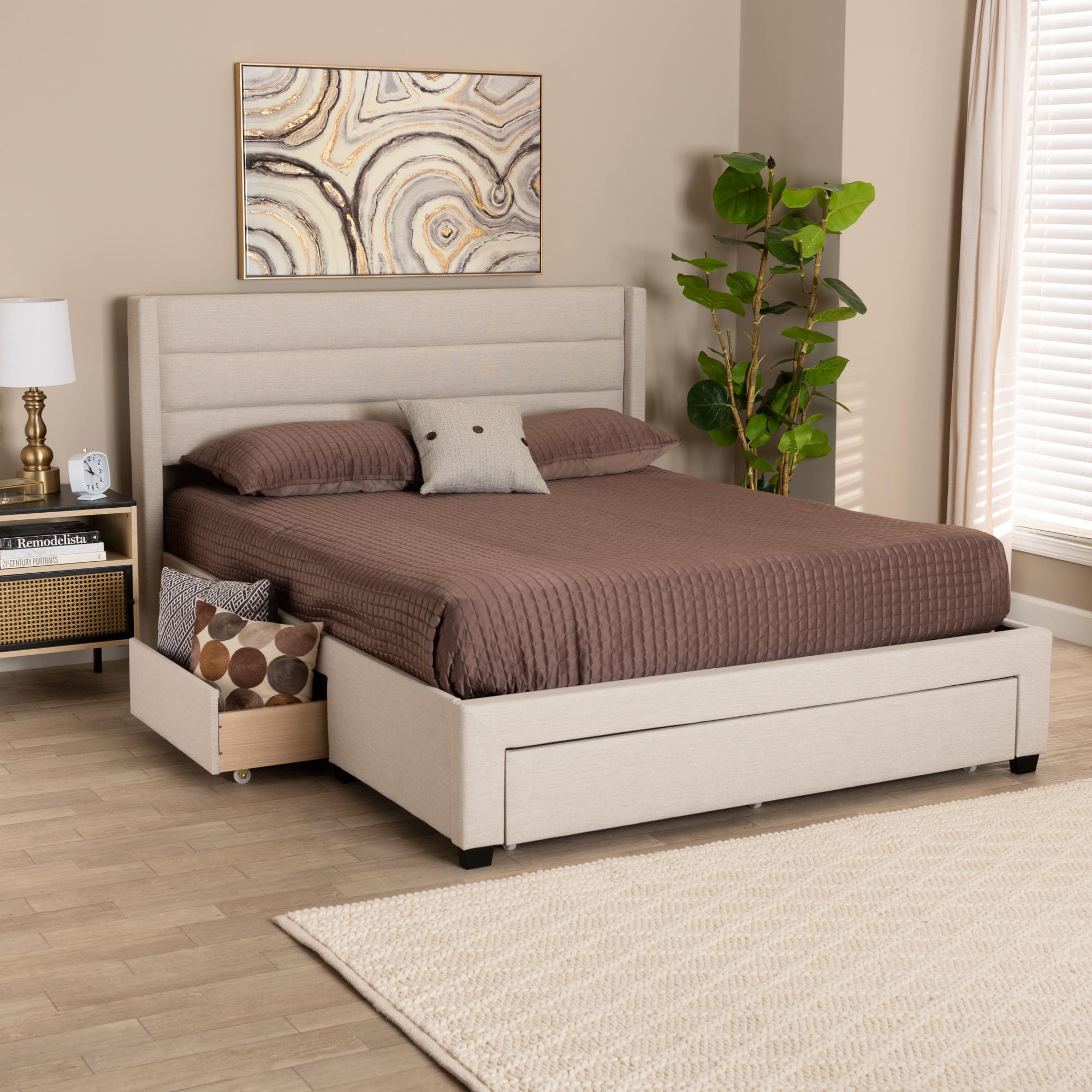 Baxton Studio Braylon Mid-Century Modern Transitional Beige Fabric and Dark Brown Finished Wood Full Size 3-Drawer Storage Platform Bed