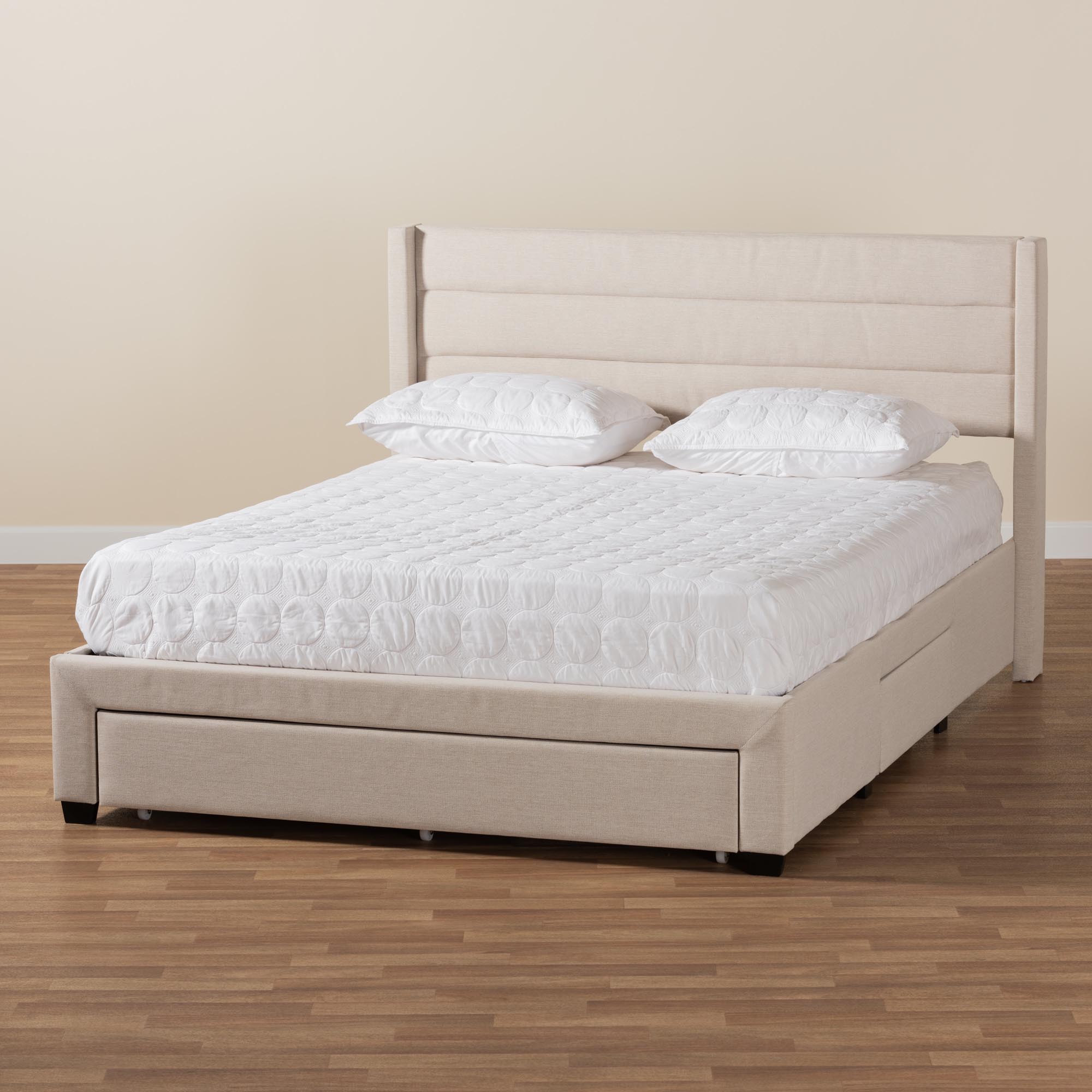 Baxton Studio Braylon Mid-Century Modern Transitional Beige Fabric and Dark Brown Finished Wood Queen Size 3-Drawer Storage Platform Bed