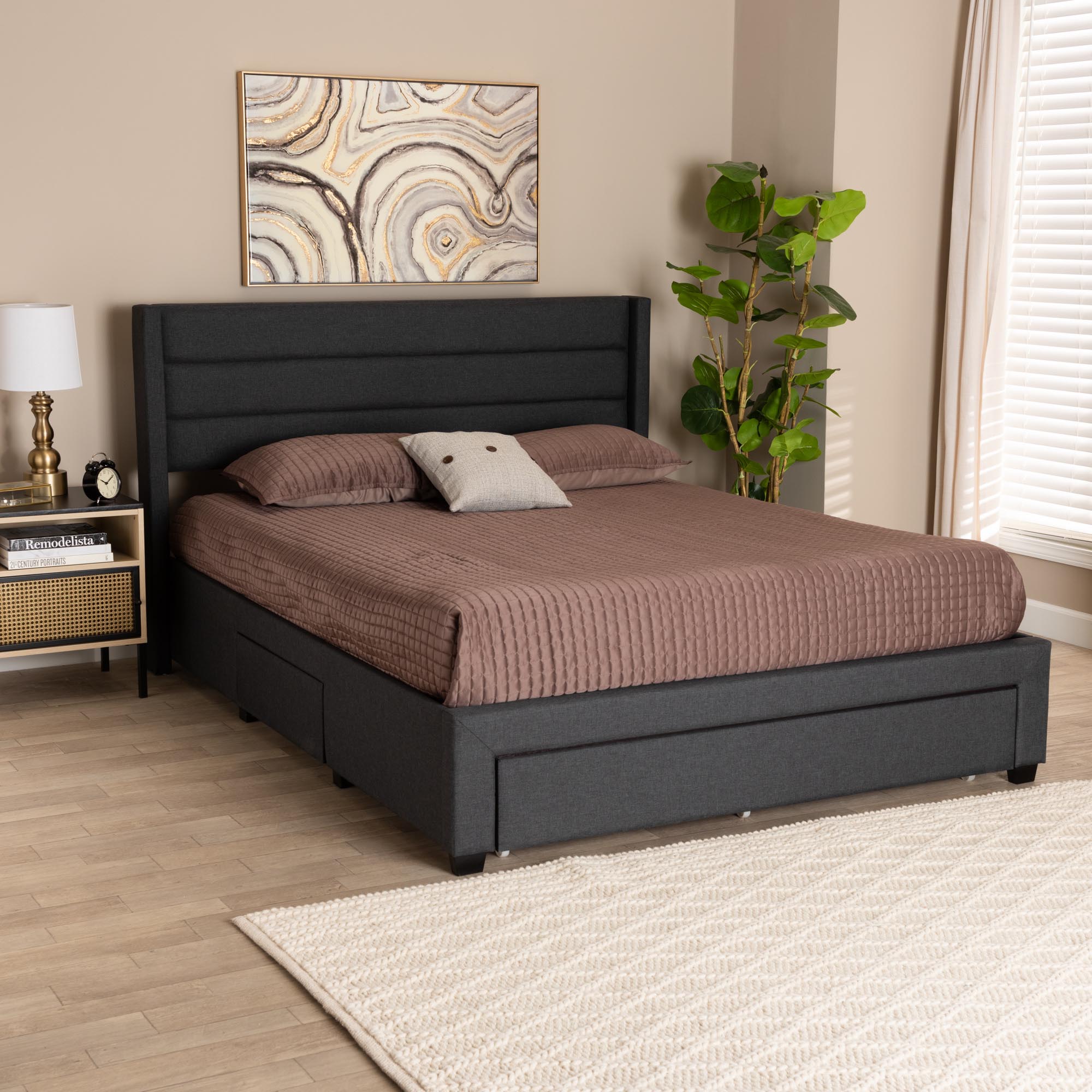 Baxton Studio Braylon Mid-Century Modern Transitional Charcoal Grey Fabric and Dark Brown Finished Wood Queen Size 3-Drawer Storage Platform Bed