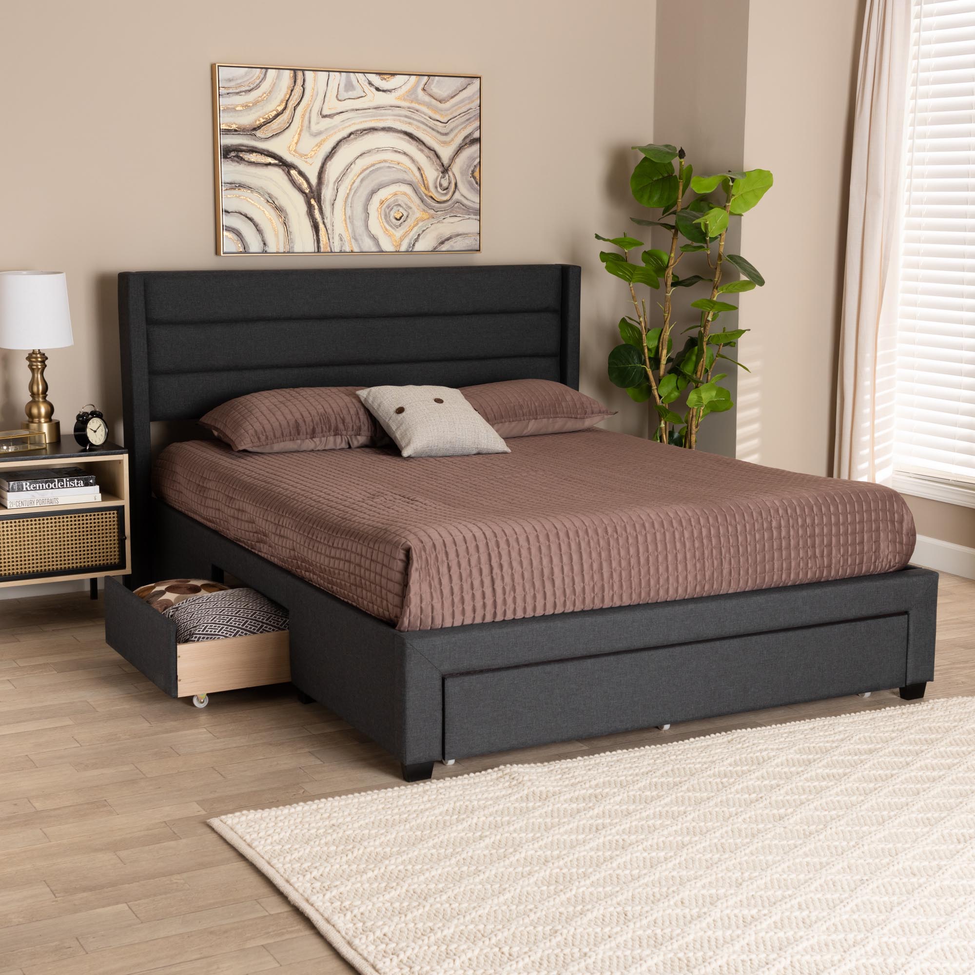 Baxton Studio Braylon Mid-Century Modern Transitional Charcoal Grey Fabric and Dark Brown Finished Wood Full Size 3-Drawer Storage Platform Bed