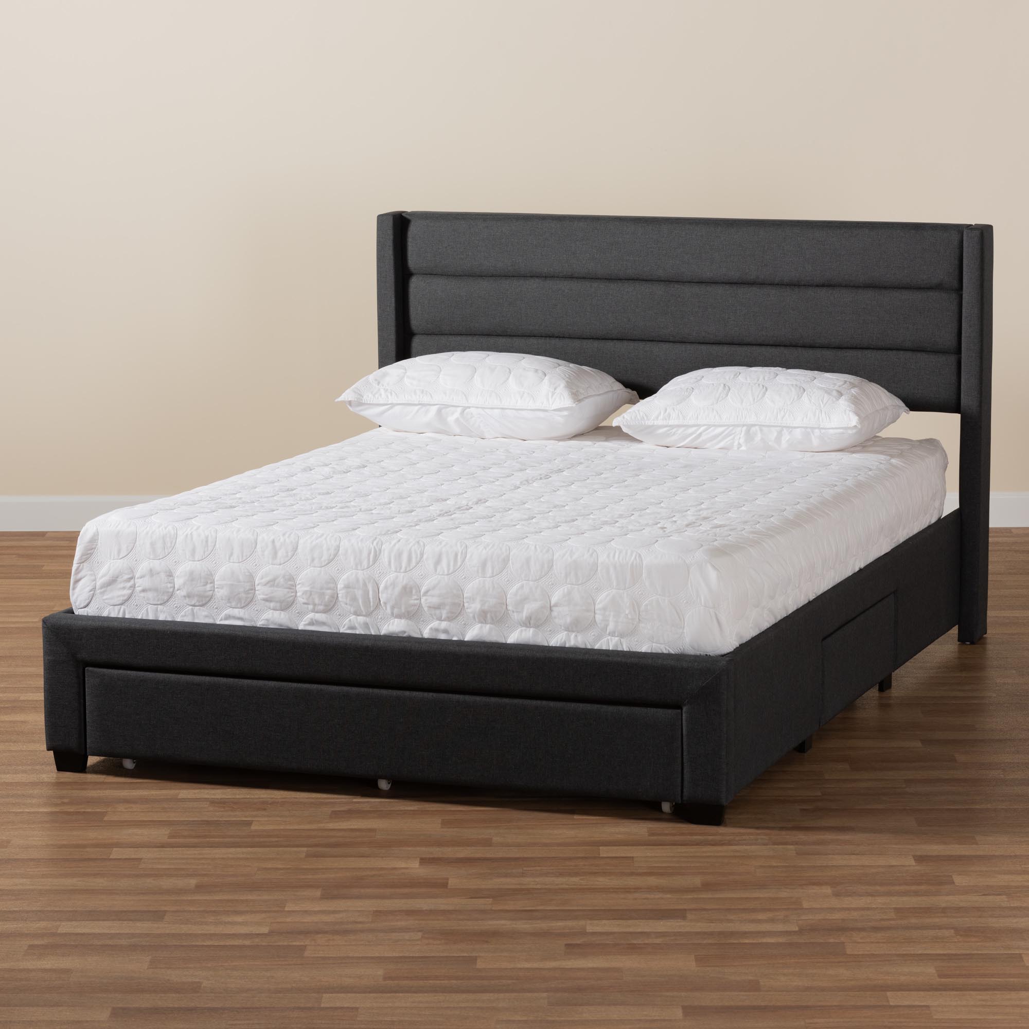 Baxton Studio Braylon Mid-Century Modern Transitional Charcoal Grey Fabric and Dark Brown Finished Wood Full Size 3-Drawer Storage Platform Bed