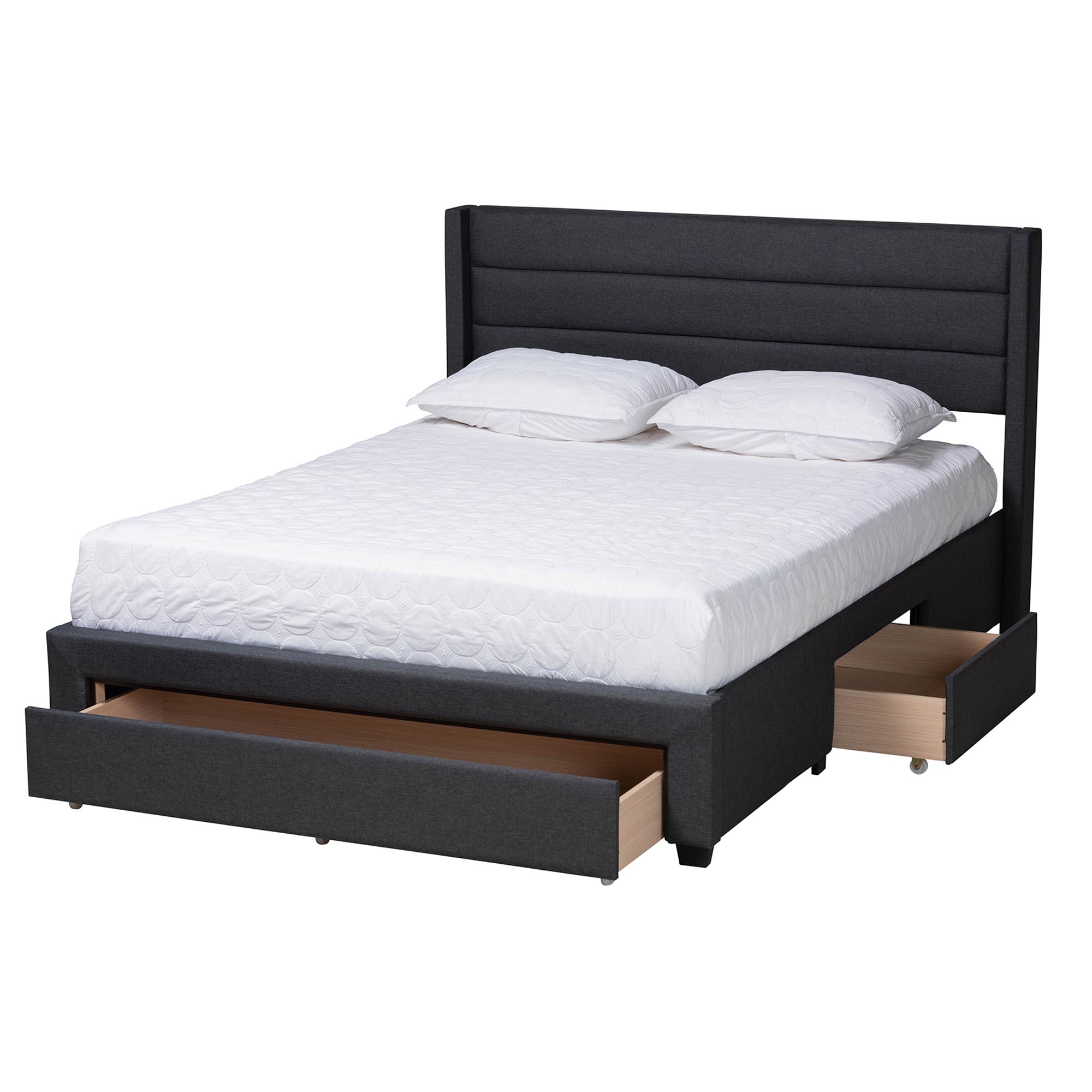 Baxton Studio Braylon Mid-Century Modern Transitional Charcoal Grey Fabric and Dark Brown Finished Wood Full Size 3-Drawer Storage Platform Bed