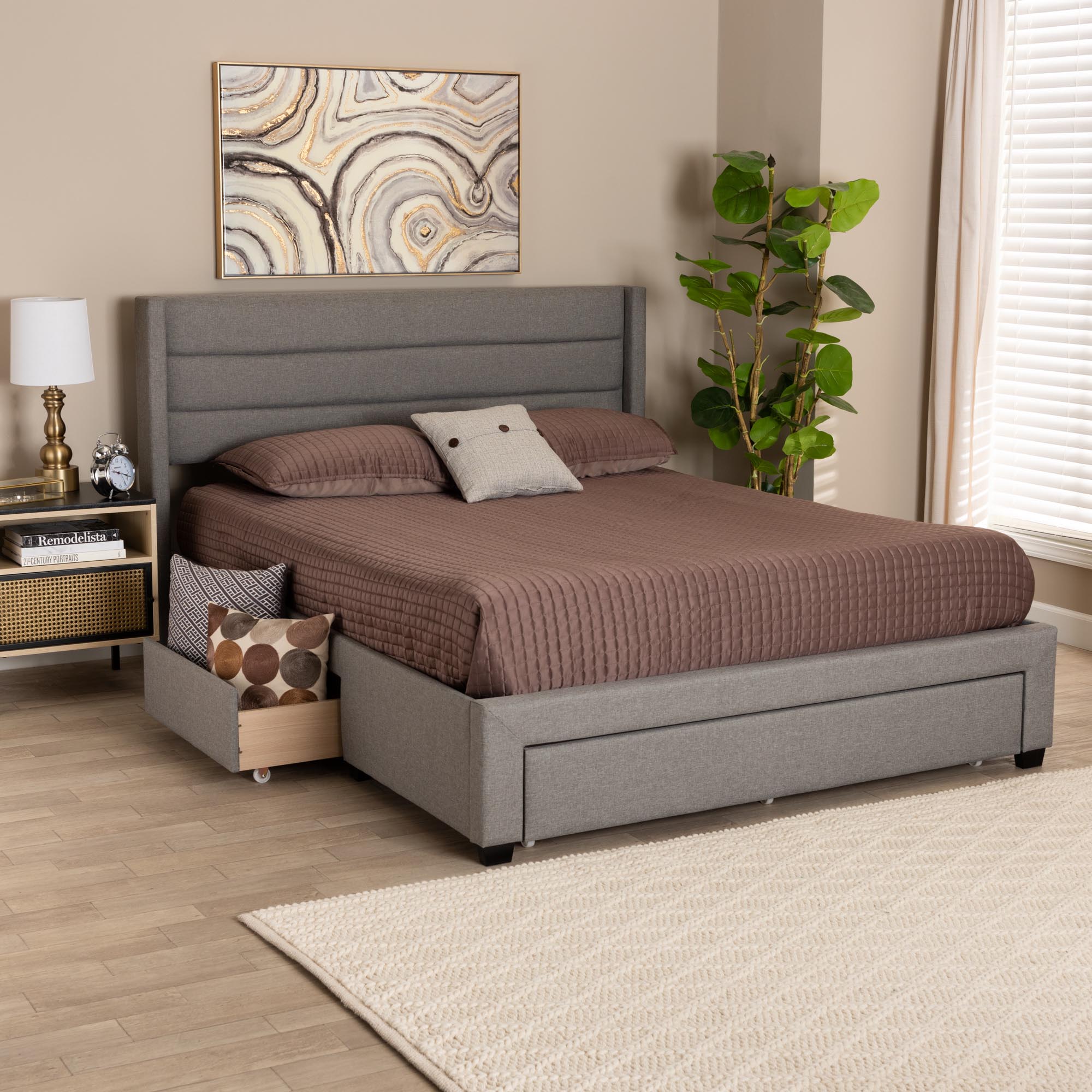 Baxton Studio Braylon Mid-Century Modern Transitional Light Grey Fabric and Dark Brown Finished Wood Queen Size 3-Drawer Storage Platform Bed