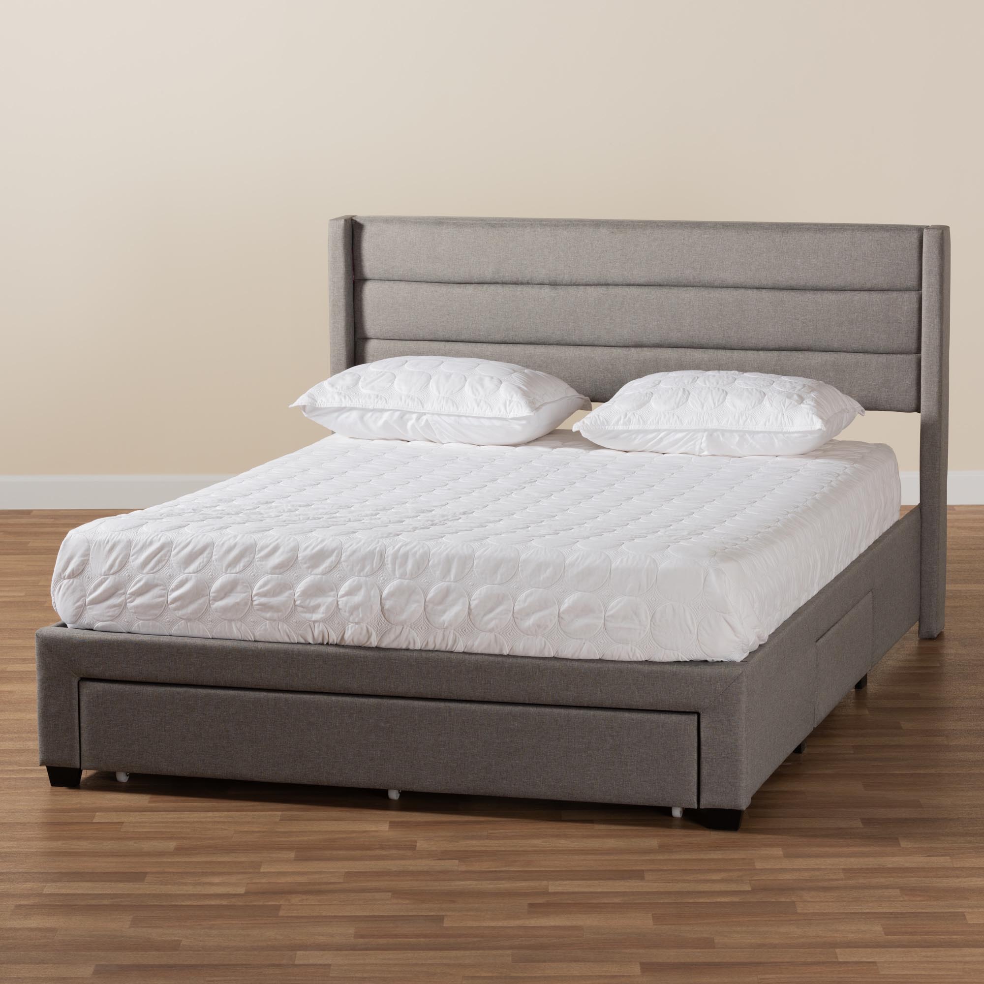 Baxton Studio Braylon Mid-Century Modern Transitional Light Grey Fabric and Dark Brown Finished Wood Queen Size 3-Drawer Storage Platform Bed