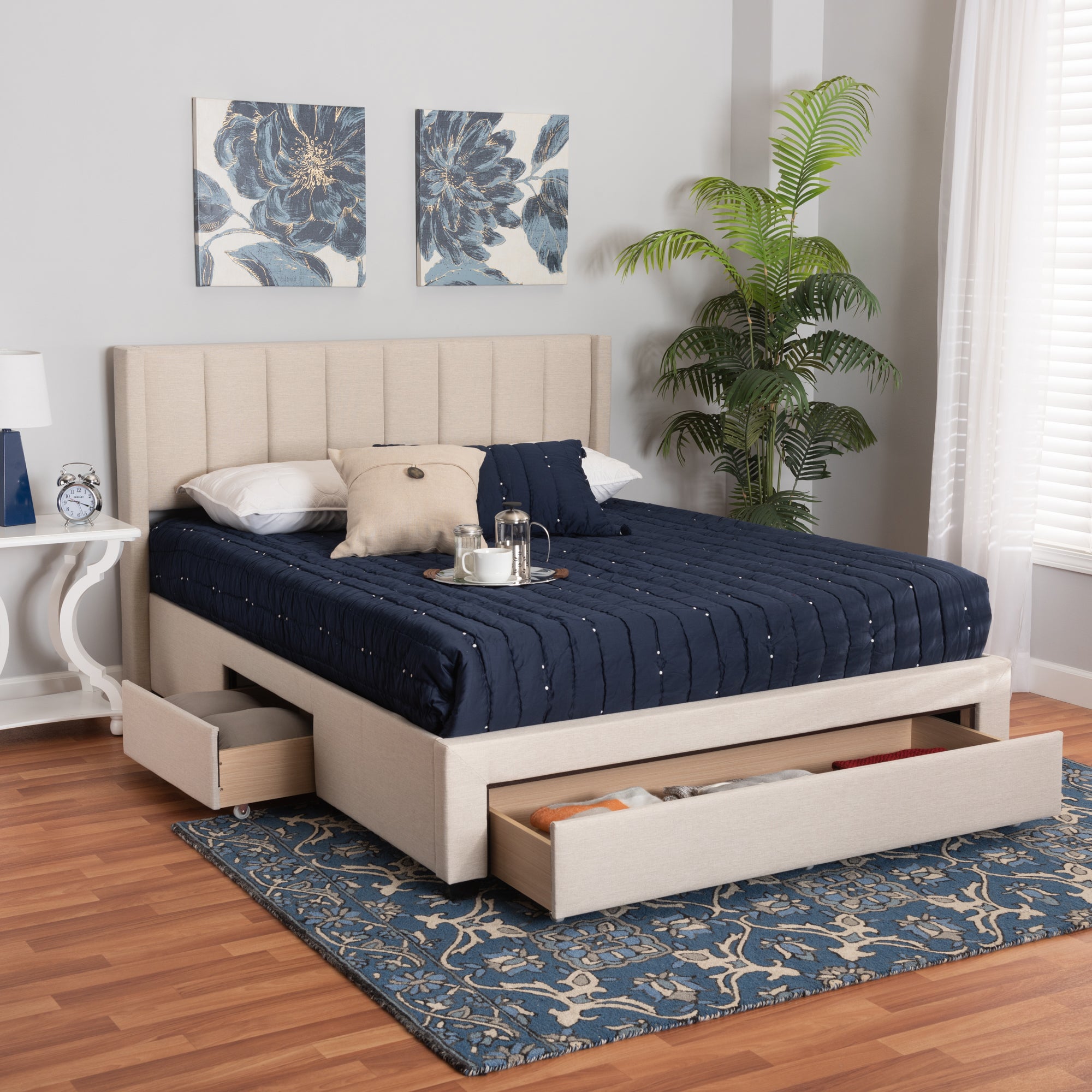 Baxton Studio Coronado Mid-Century Modern Transitional Beige Fabric Full Size 3-Drawer Storage Platform Bed