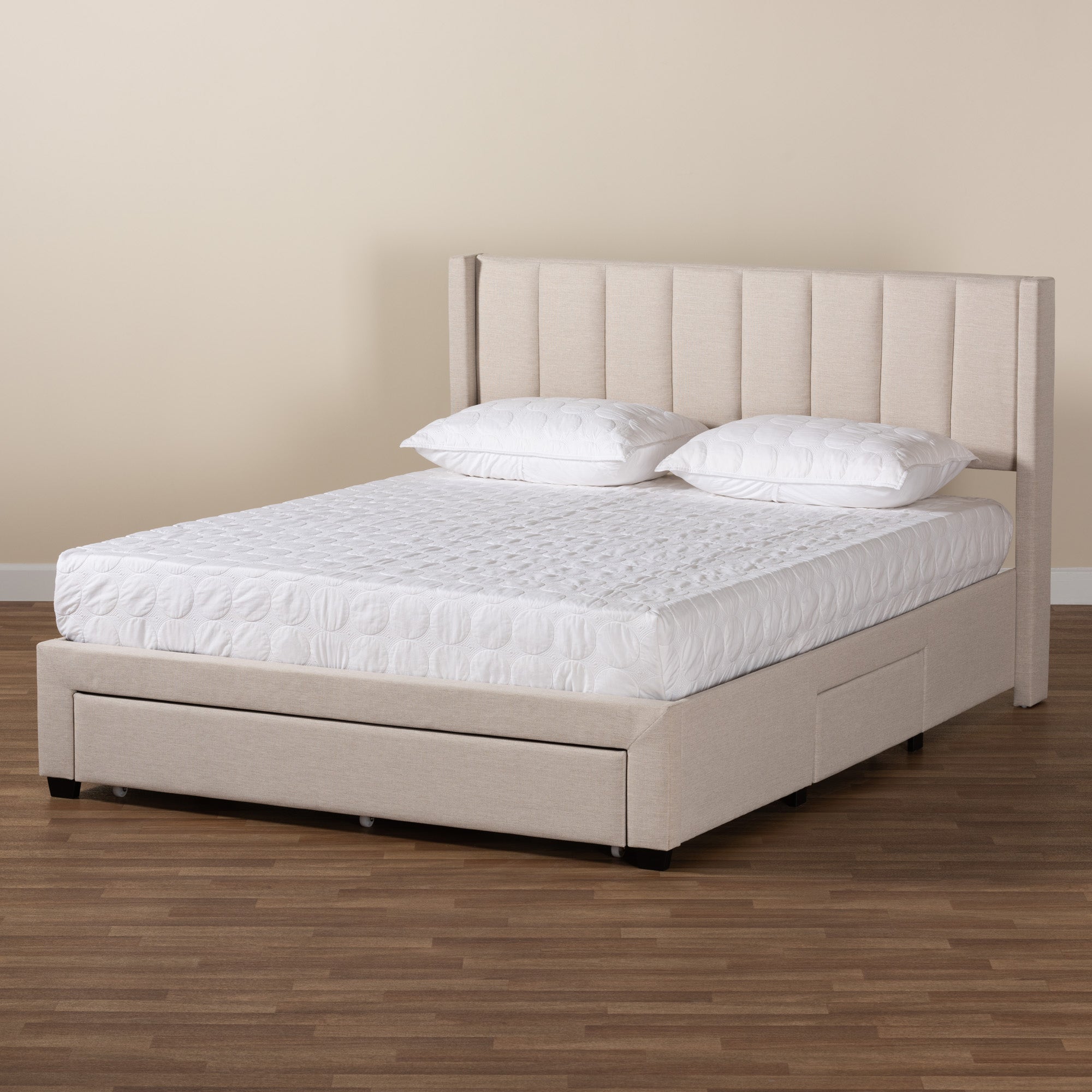 Baxton Studio Coronado Mid-Century Modern Transitional Beige Fabric Queen Size 3-Drawer Storage Platform Bed