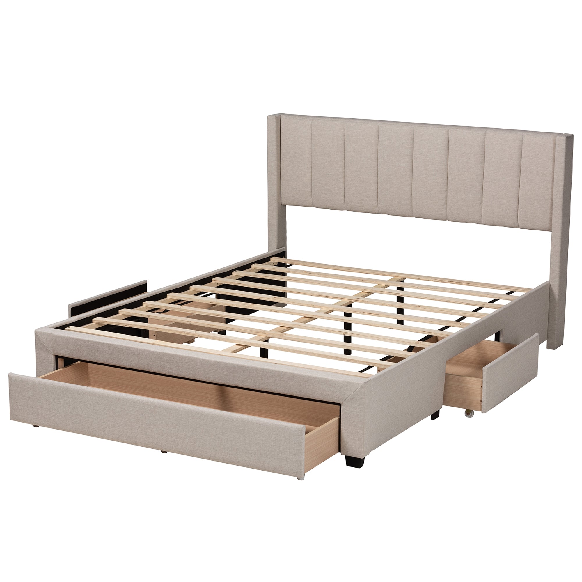 Baxton Studio Coronado Mid-Century Modern Transitional Beige Fabric Queen Size 3-Drawer Storage Platform Bed