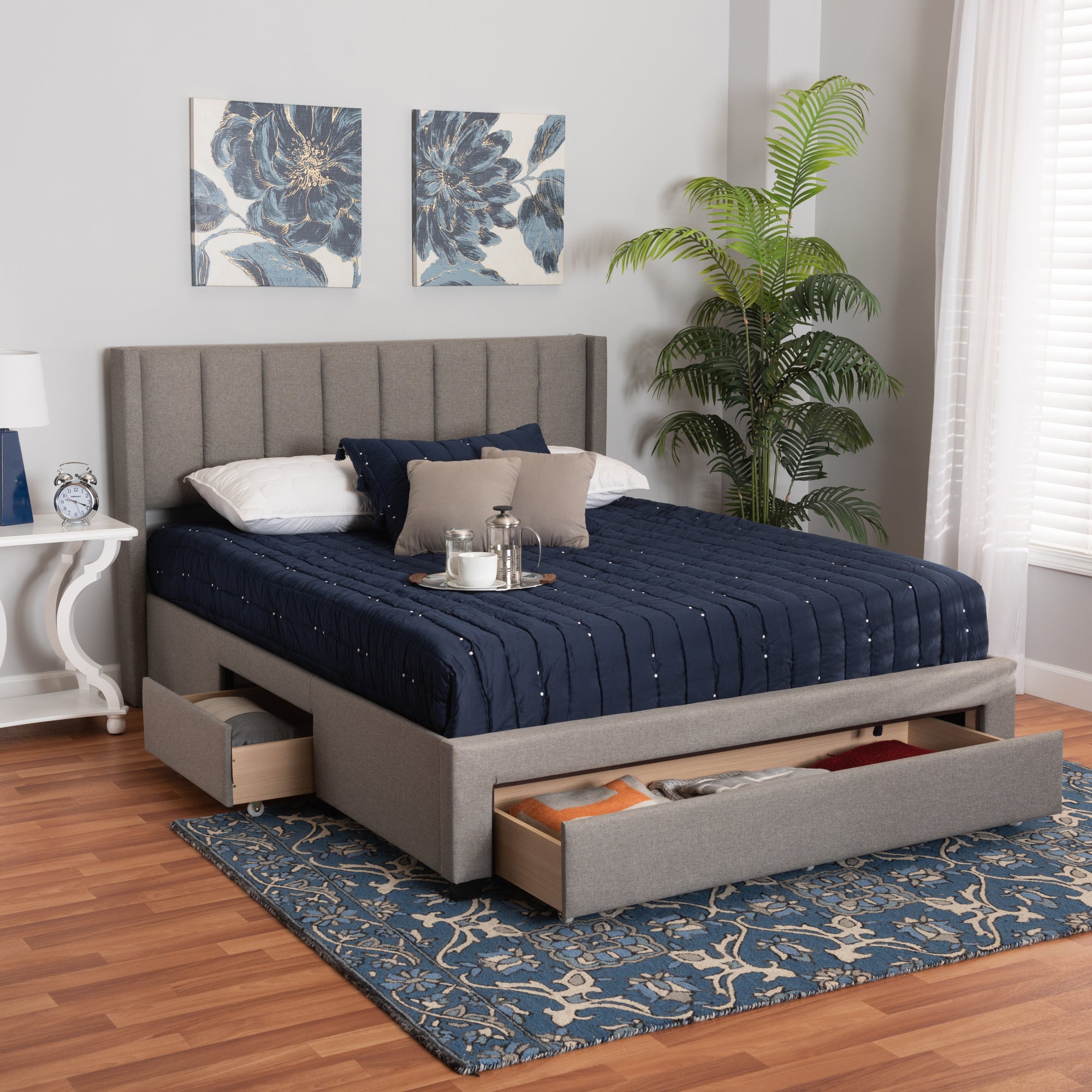Baxton Studio Coronado Mid-Century Modern Transitional Grey Fabric Full Size 3-Drawer Storage Platform Bed
