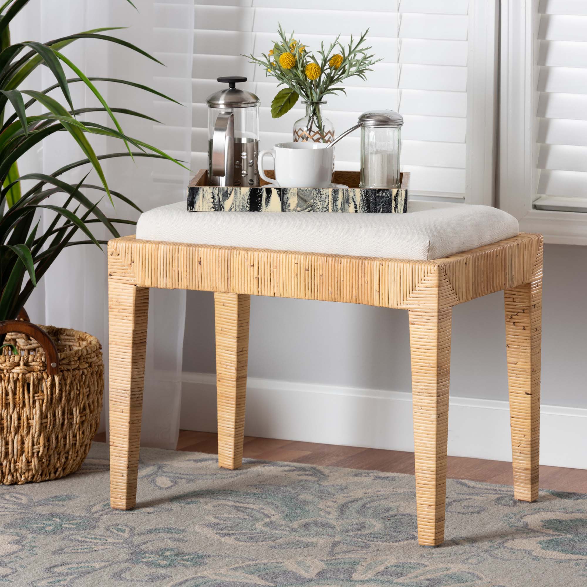 bali & pari Sofia Modern Bohemian Natural Brown Rattan and Mahogany Wood Ottoman