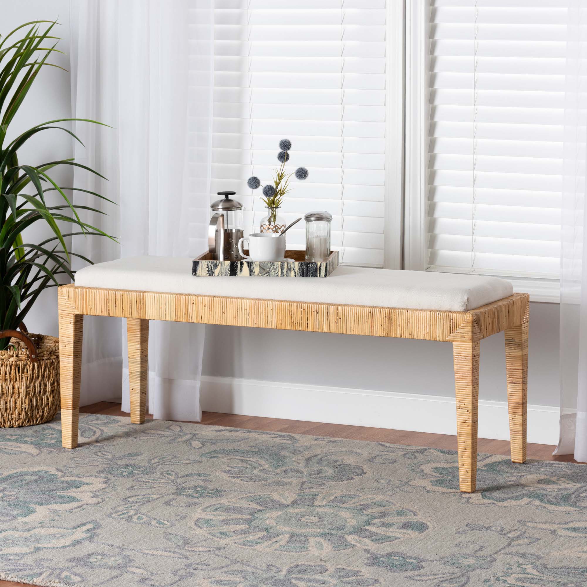 bali & pari Sofia Modern Bohemian Natural Brown Rattan and Mahogany Wood Bench