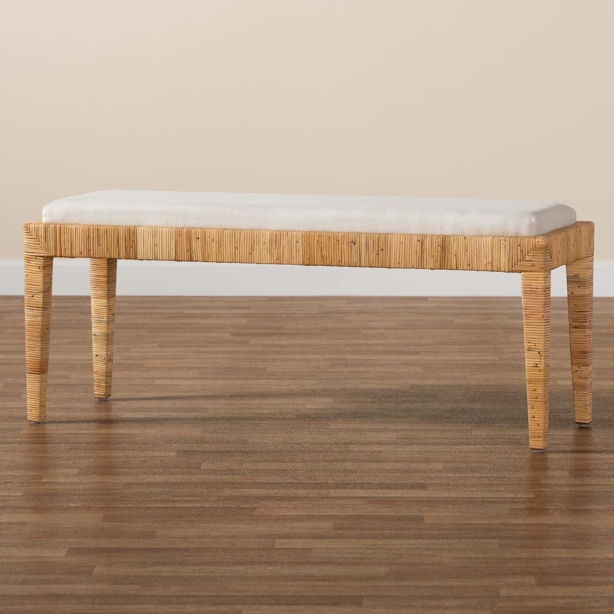 bali & pari Sofia Modern Bohemian Natural Brown Rattan and Mahogany Wood Bench