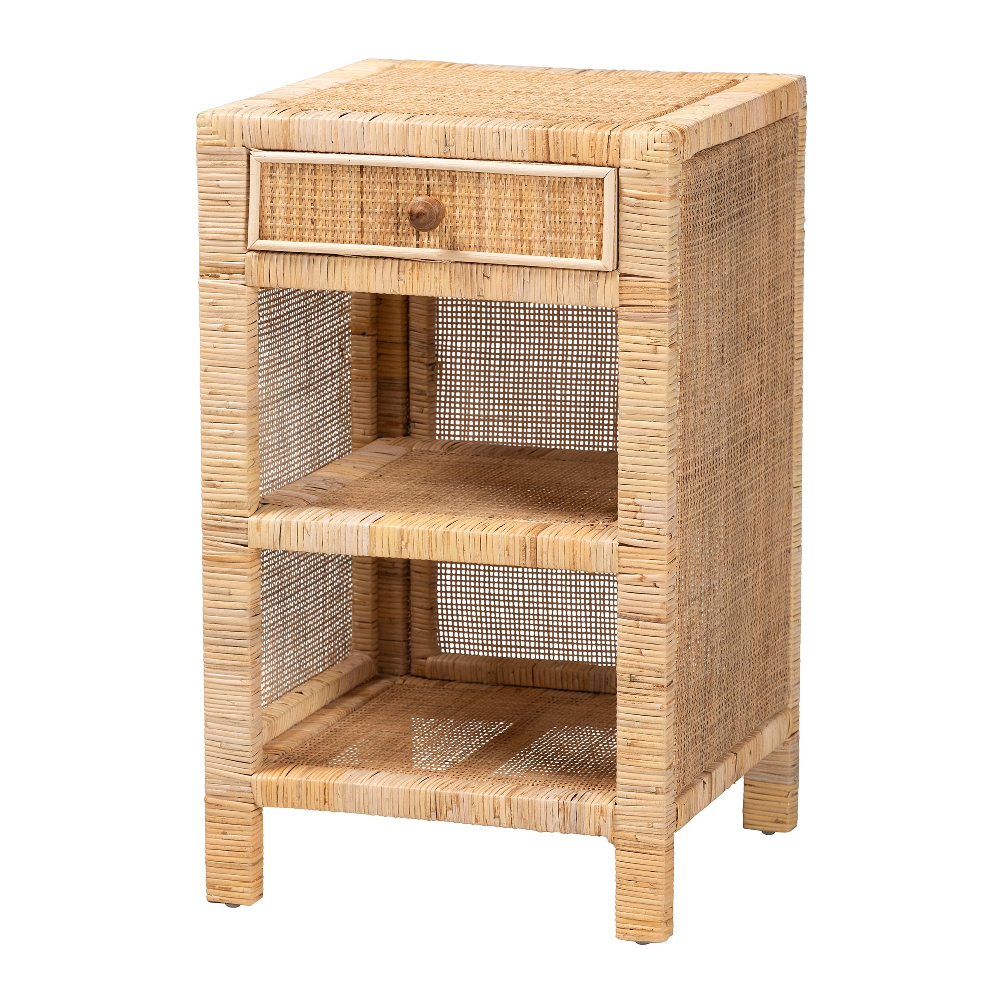 bali & pari Bella Modern Bohemian Natural Brown Mahogany Wood and Natural Rattan 1-Drawer Nightstand