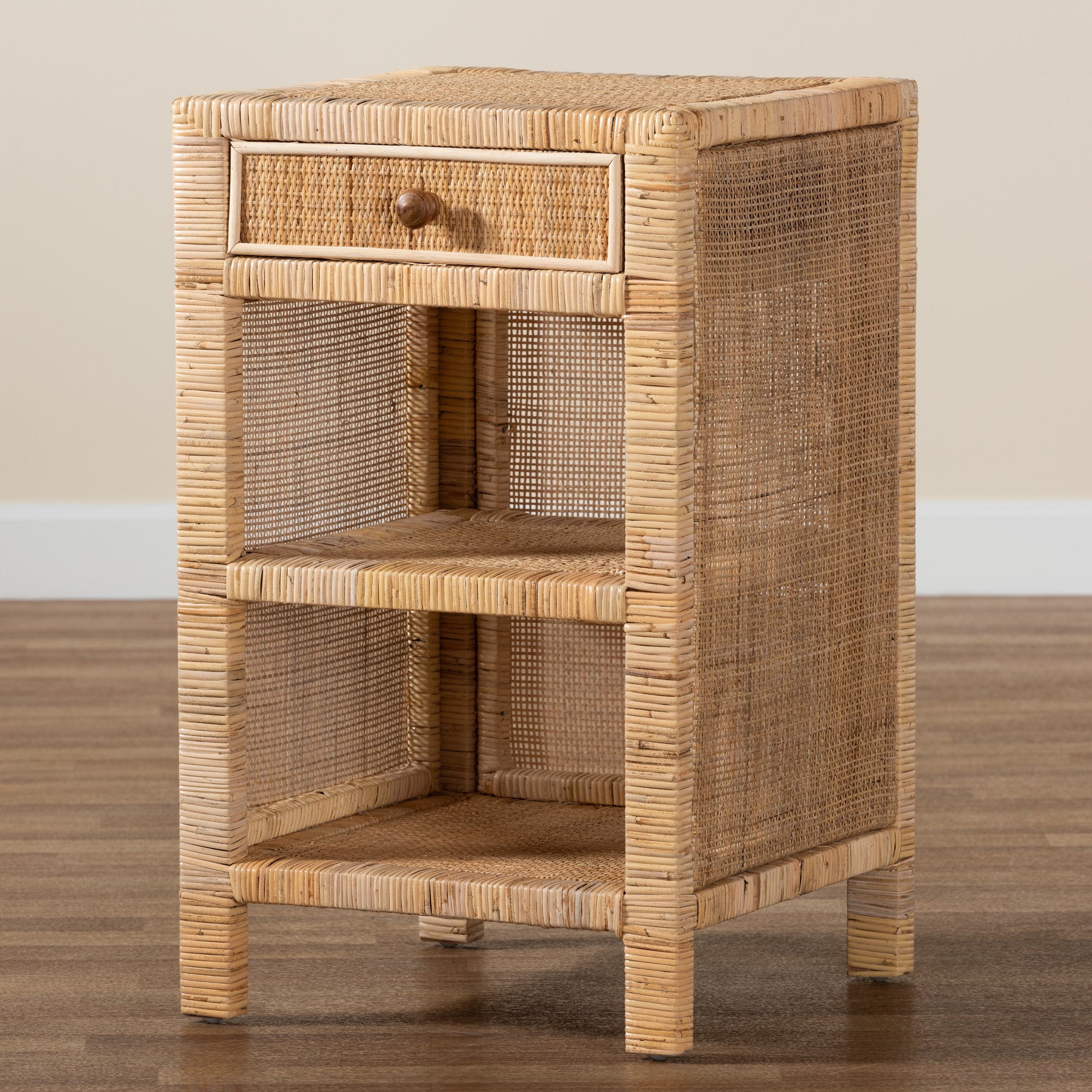 bali & pari Bella Modern Bohemian Natural Brown Mahogany Wood and Natural Rattan 1-Drawer Nightstand