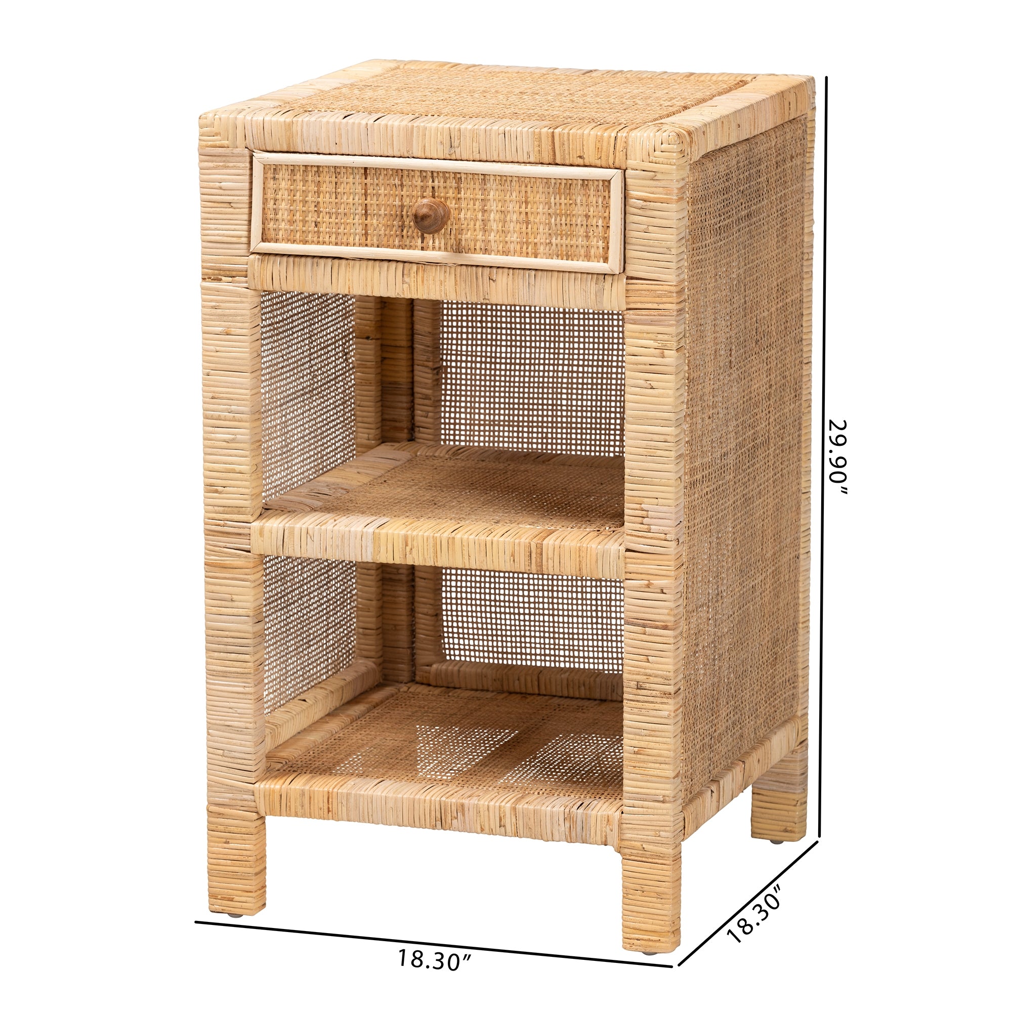 bali & pari Bella Modern Bohemian Natural Brown Mahogany Wood and Natural Rattan 1-Drawer Nightstand
