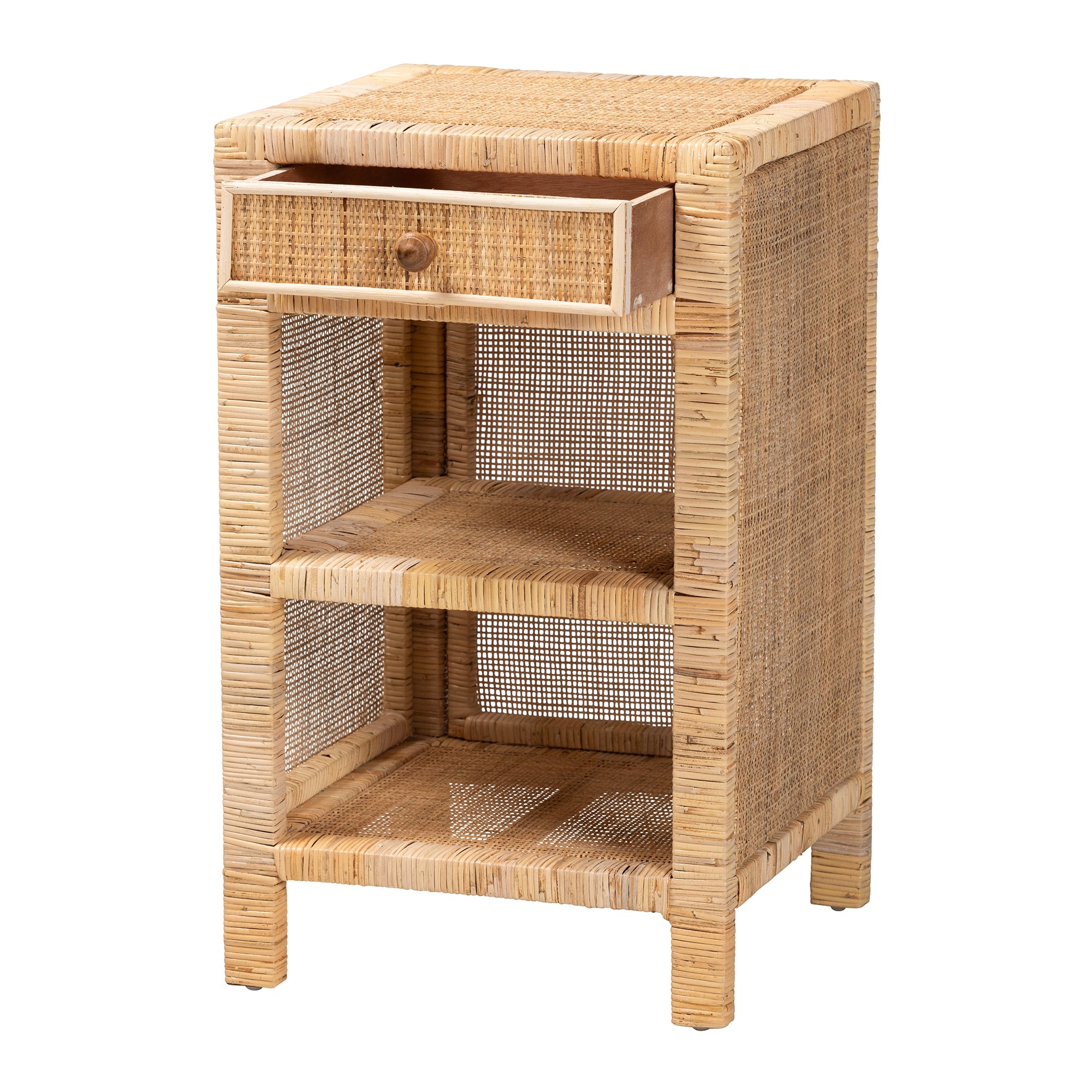 bali & pari Bella Modern Bohemian Natural Brown Mahogany Wood and Natural Rattan 1-Drawer Nightstand