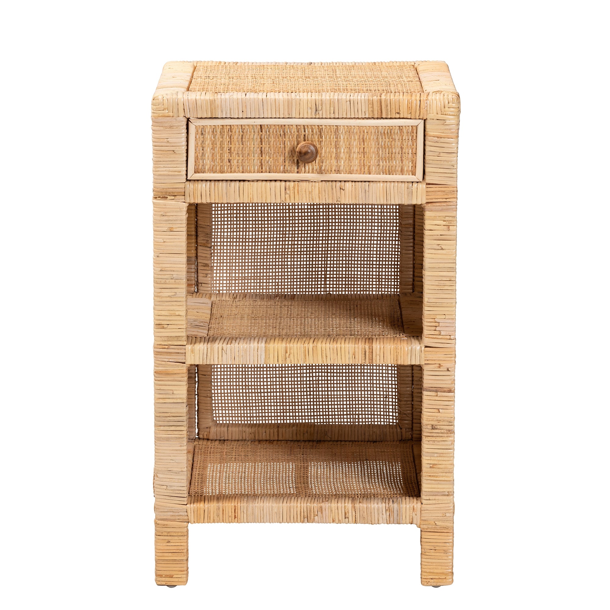 bali & pari Bella Modern Bohemian Natural Brown Mahogany Wood and Natural Rattan 1-Drawer Nightstand