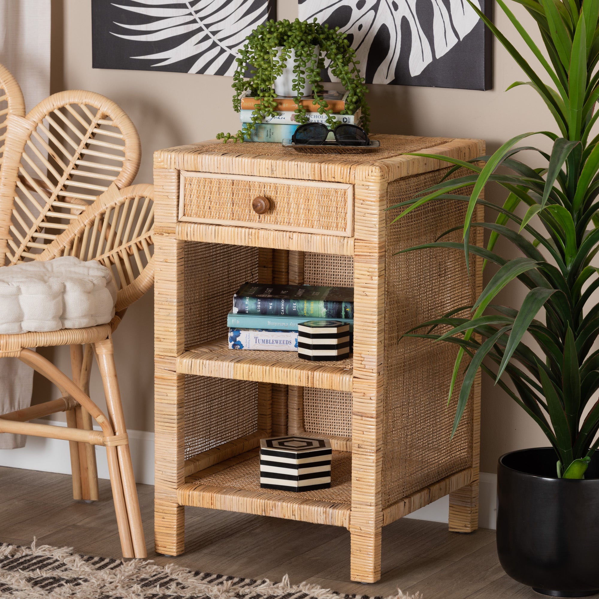 bali & pari Bella Modern Bohemian Natural Brown Mahogany Wood and Natural Rattan 1-Drawer Nightstand