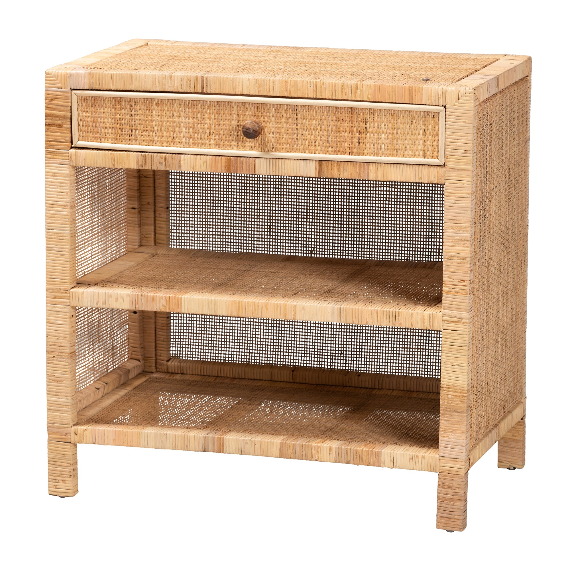 bali & pari Bella Modern Bohemian Natural Brown Mahogany Wood and Natural Rattan 1-Drawer Console Table