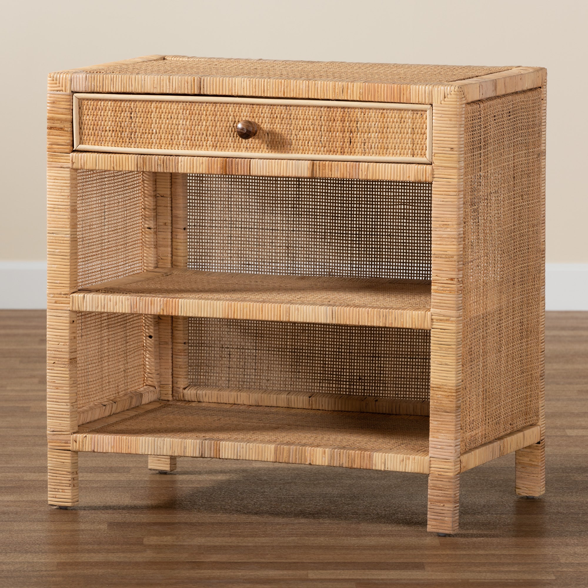 bali & pari Bella Modern Bohemian Natural Brown Mahogany Wood and Natural Rattan 1-Drawer Console Table