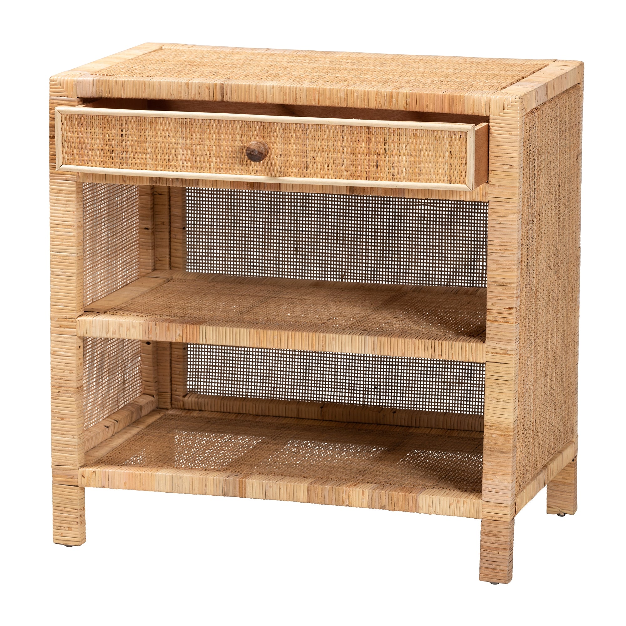 bali & pari Bella Modern Bohemian Natural Brown Mahogany Wood and Natural Rattan 1-Drawer Console Table