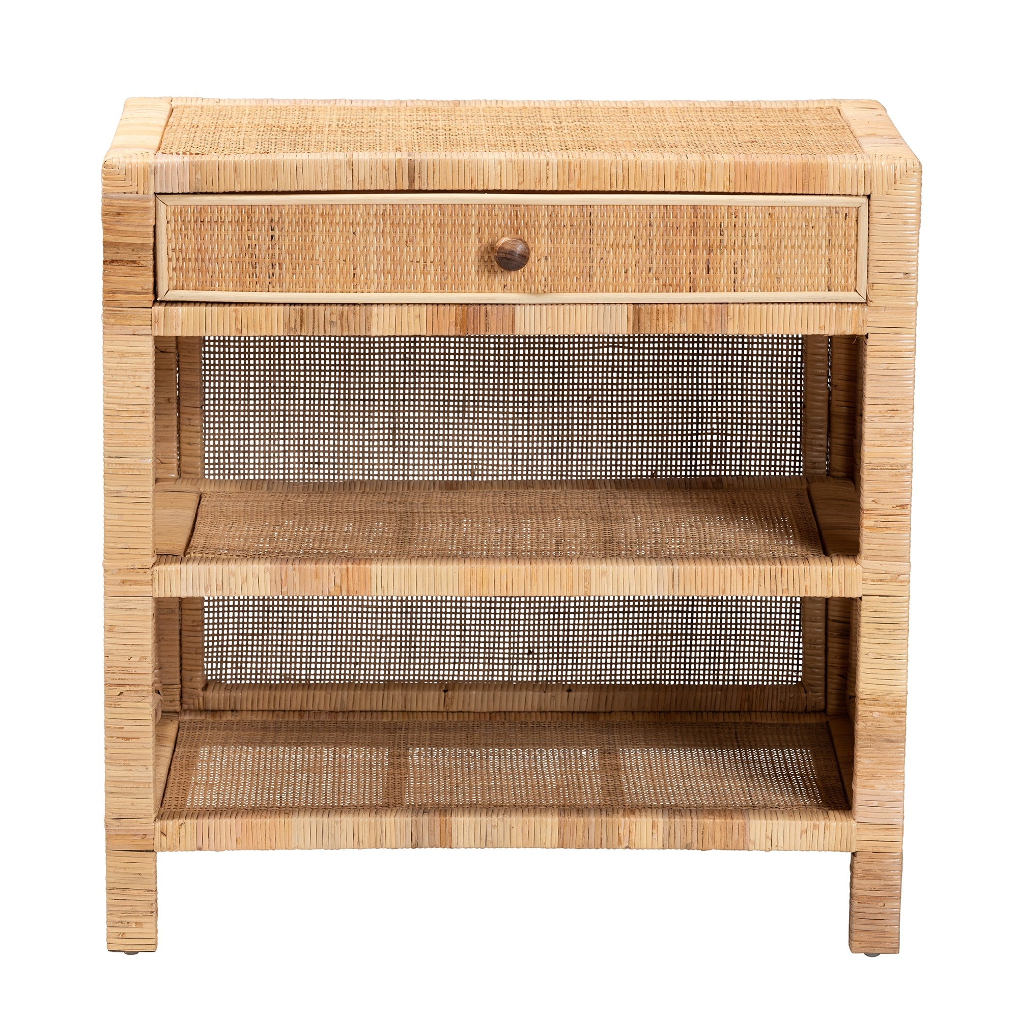 bali & pari Bella Modern Bohemian Natural Brown Mahogany Wood and Natural Rattan 1-Drawer Console Table