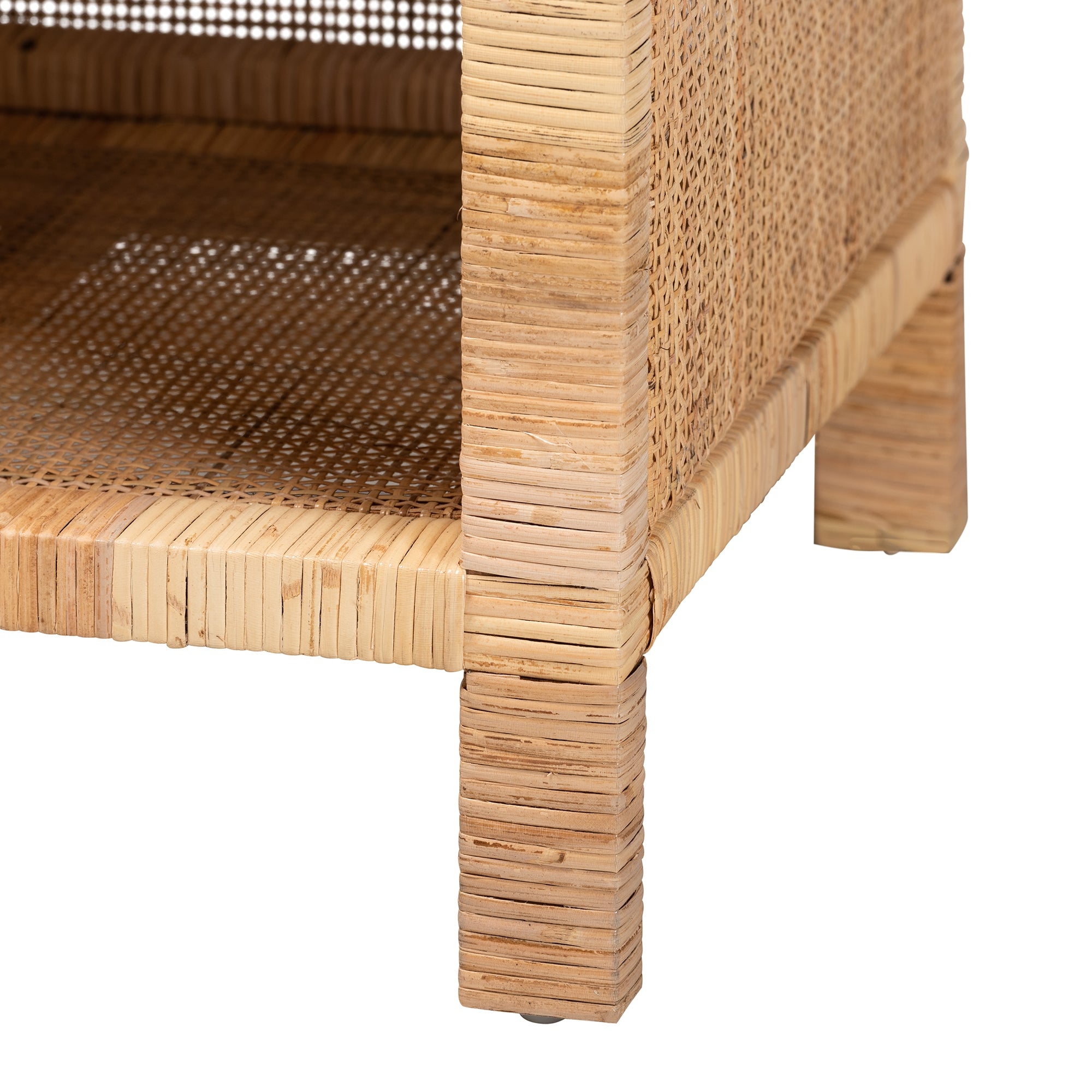 bali & pari Bella Modern Bohemian Natural Brown Mahogany Wood and Natural Rattan 1-Drawer Console Table