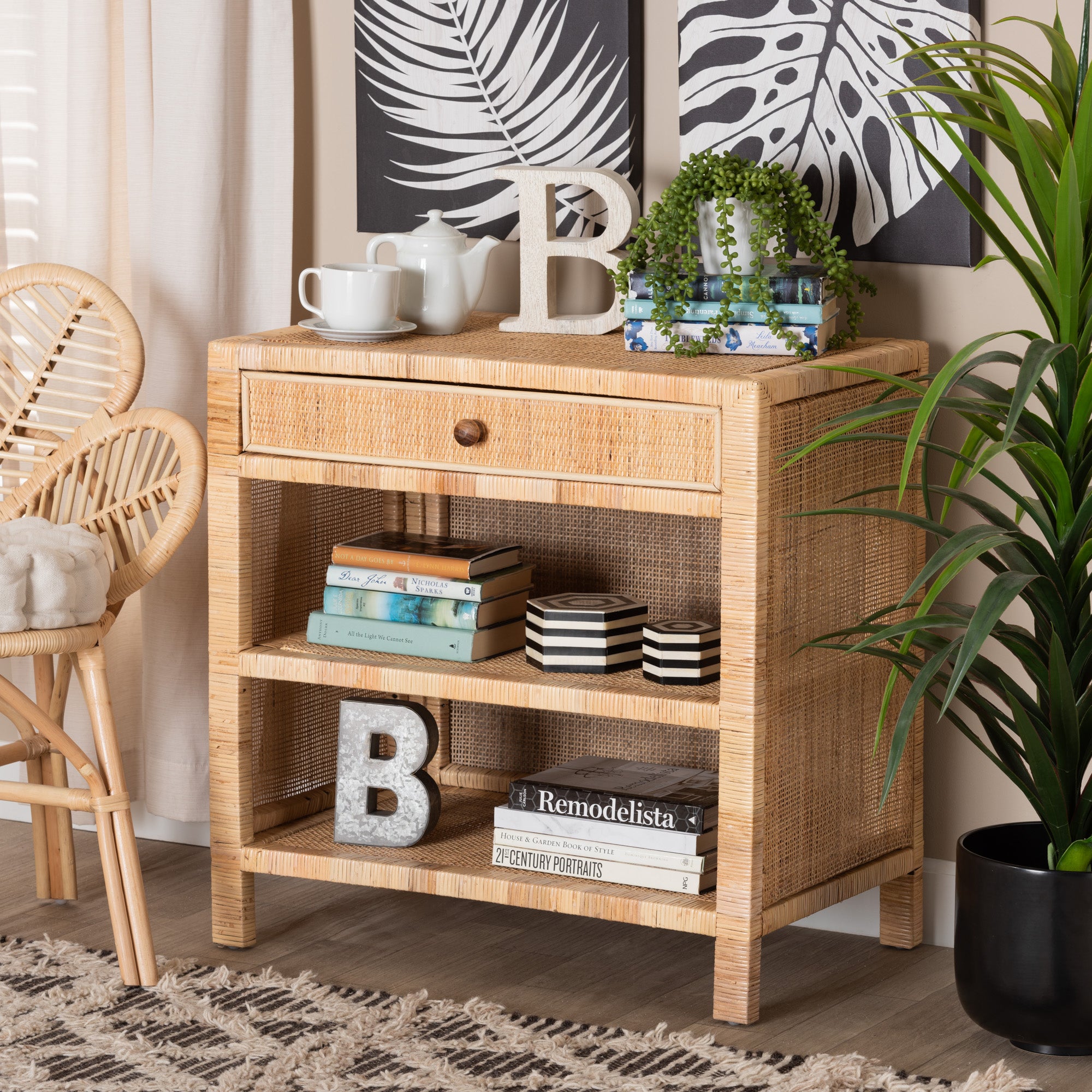 bali & pari Bella Modern Bohemian Natural Brown Mahogany Wood and Natural Rattan 1-Drawer Console Table