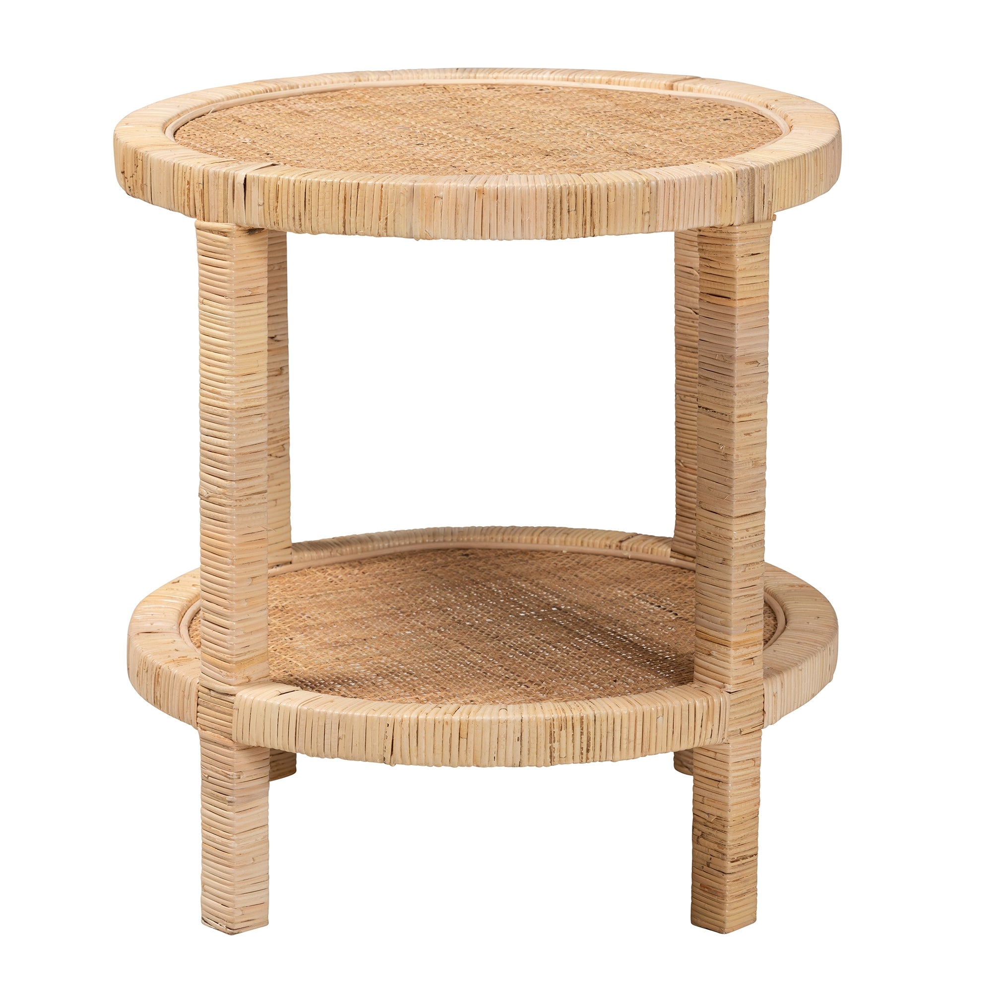 bali & pari Bella Modern Bohemian Natural Brown Mahogany Wood and Natural Rattan 2-Tier End Table