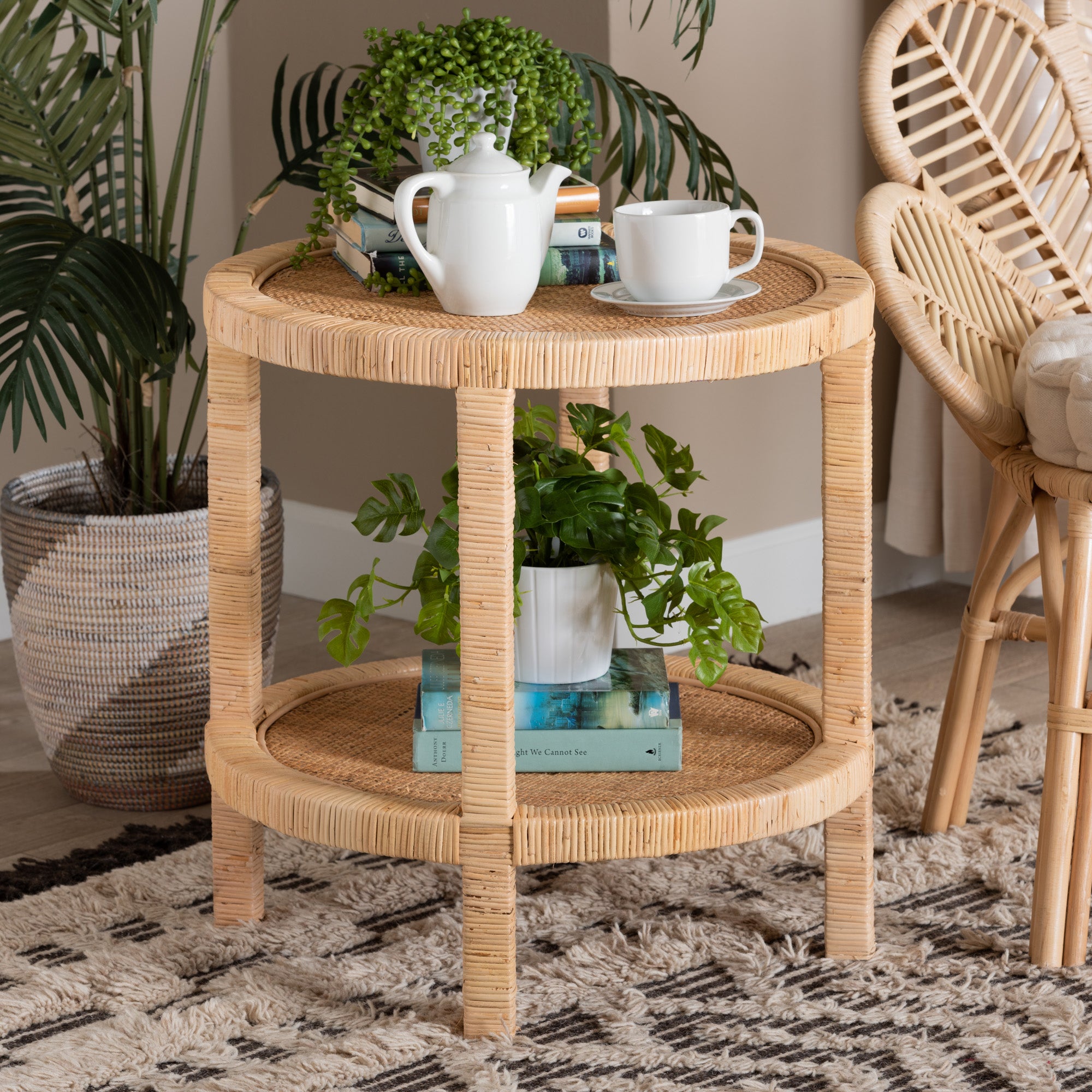 bali & pari Bella Modern Bohemian Natural Brown Mahogany Wood and Natural Rattan 2-Tier End Table