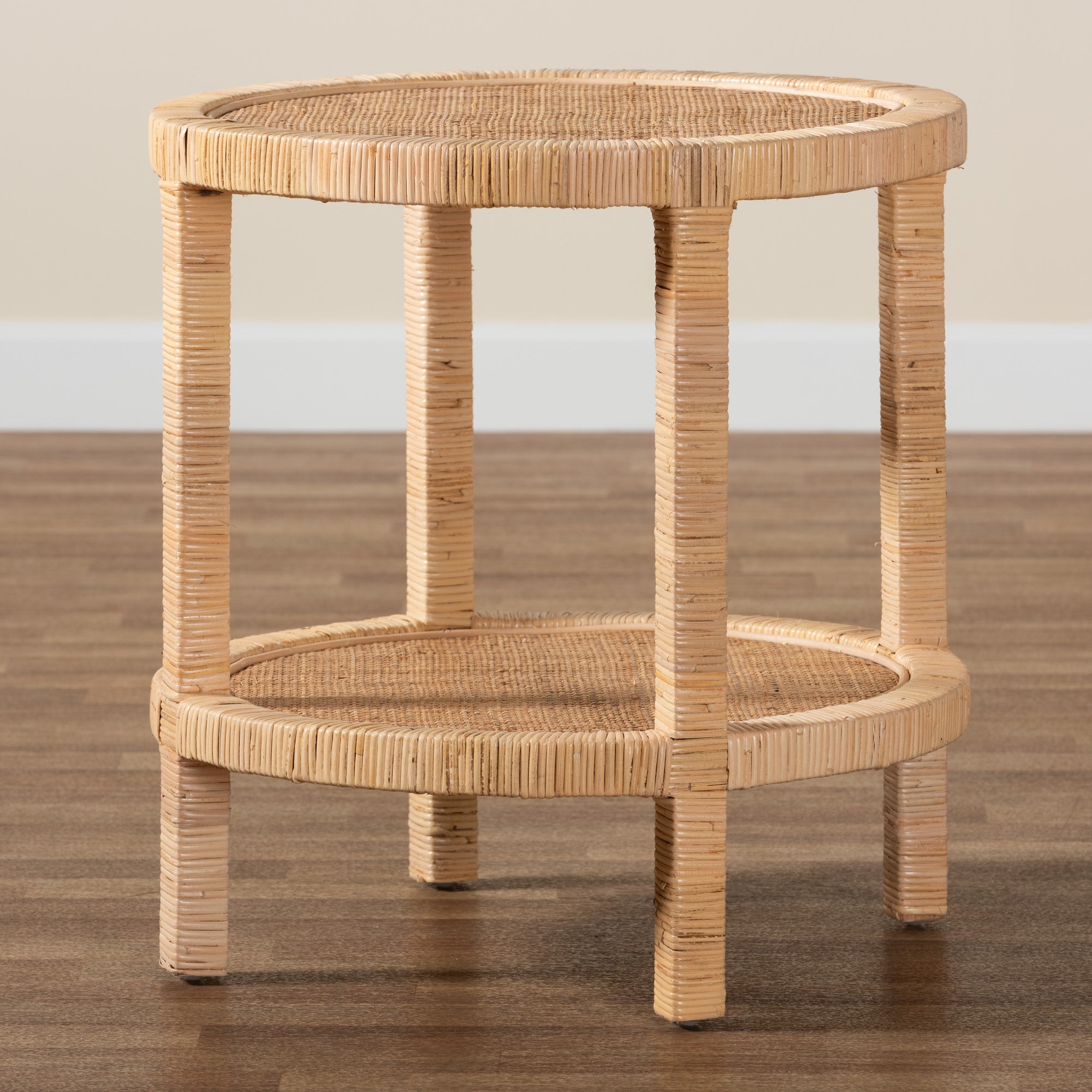 bali & pari Bella Modern Bohemian Natural Brown Mahogany Wood and Natural Rattan 2-Tier End Table