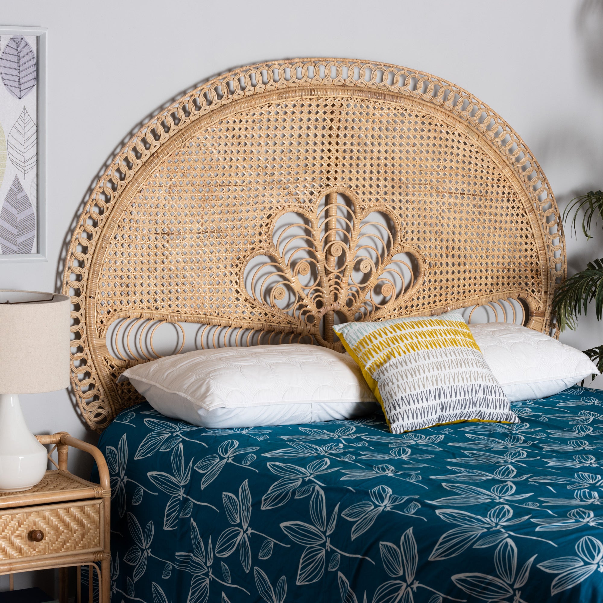 bali & pari Marlette Modern Bohemian Natural Brown Rattan Queen Size Standalone Headboard