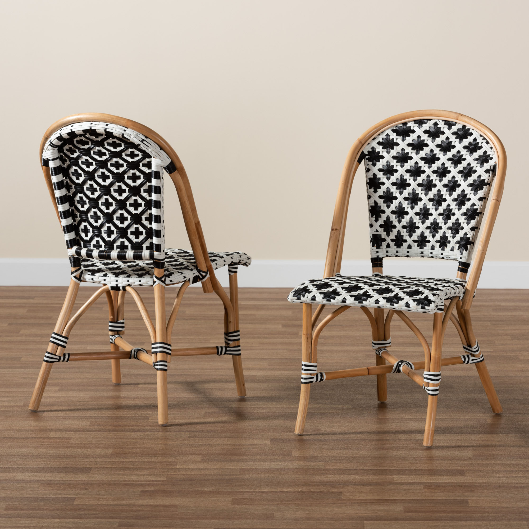 bali & pari Ambre Modern French Black and White Weaving Natural Rattan 2-Piece Bistro Chair Set