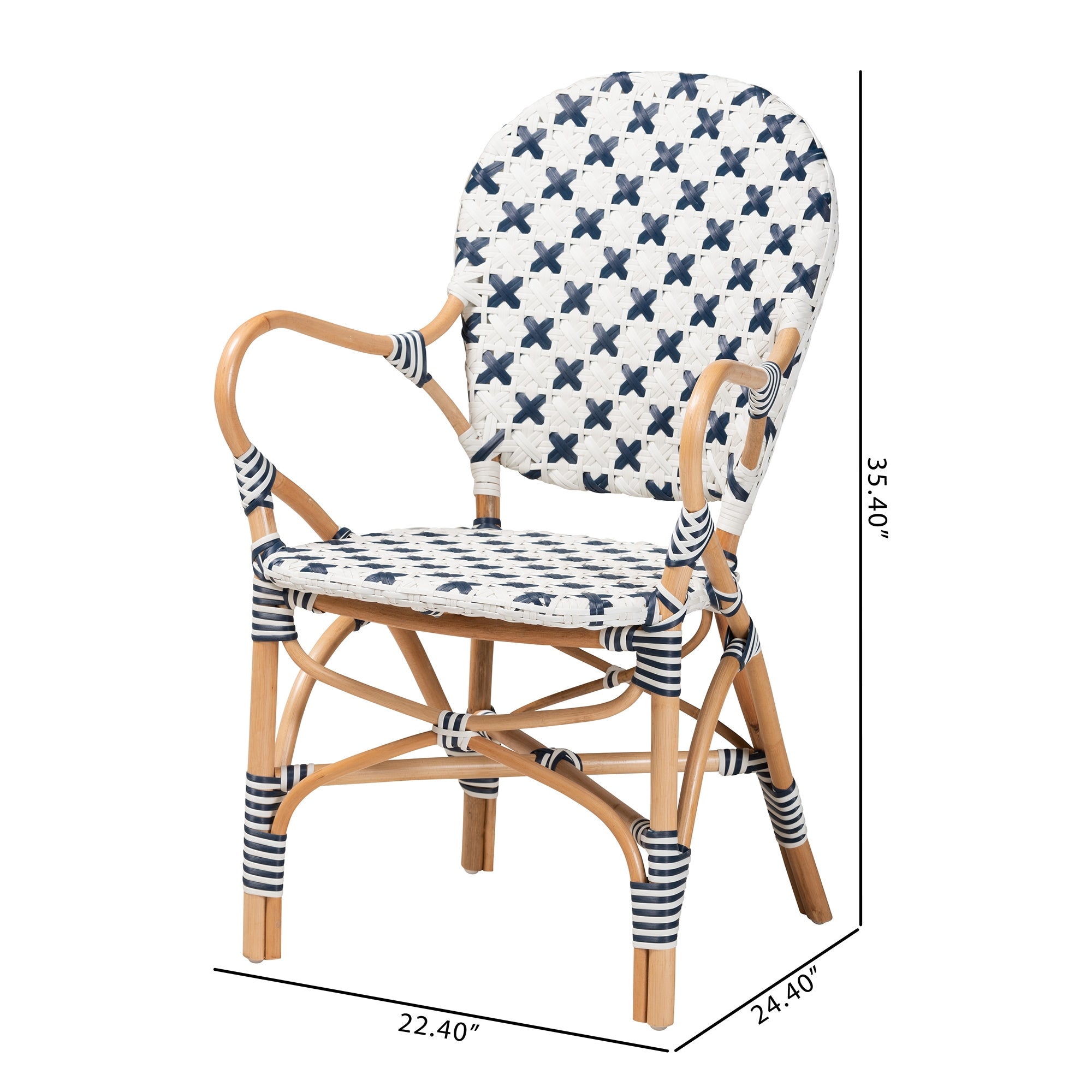 bali & pari Bryson Modern French Blue and White Weaving and Natural Rattan Bistro Chair