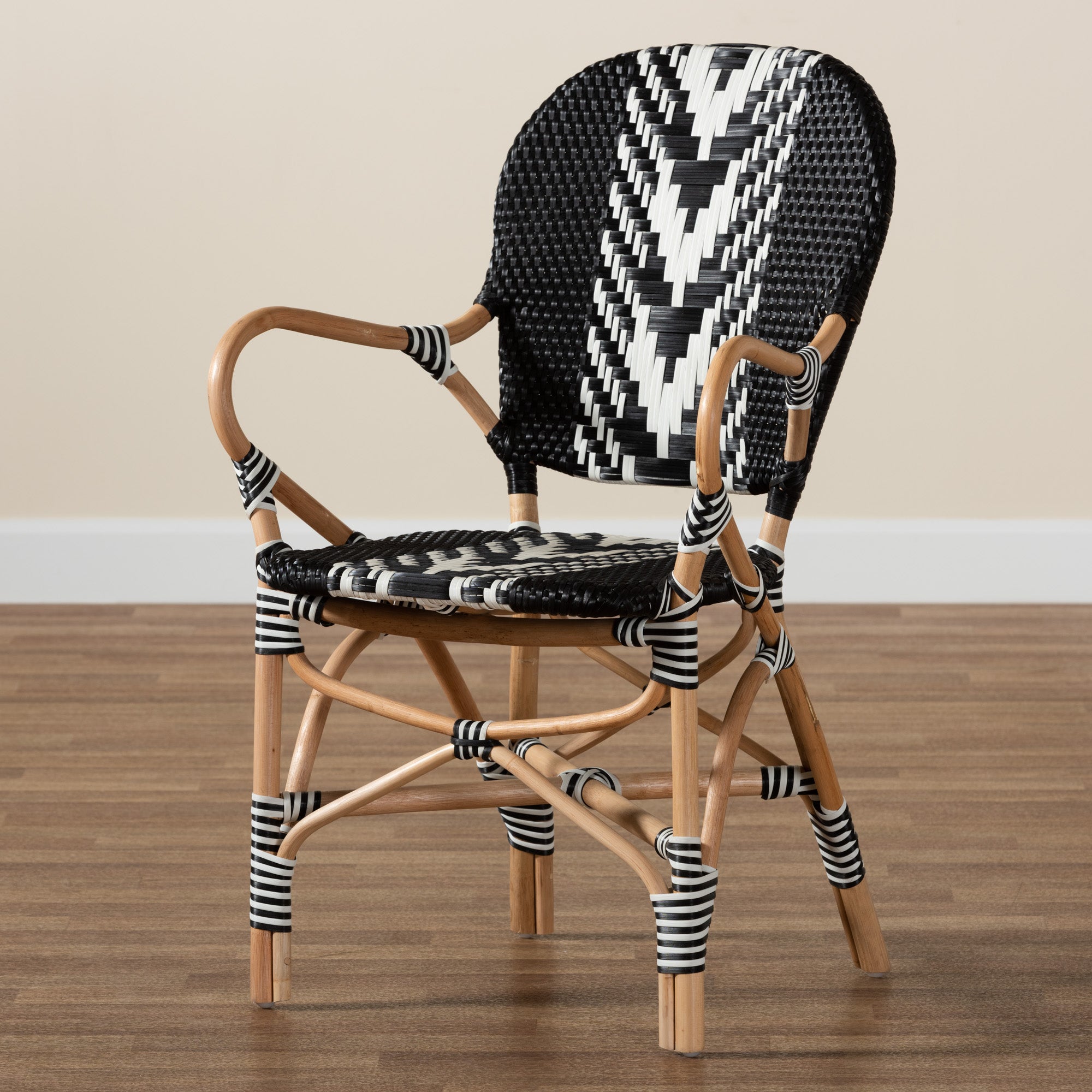 bali & pari Wallis Modern French Two-Tone Black and White Weaving and Natural Rattan Indoor Dining Chair