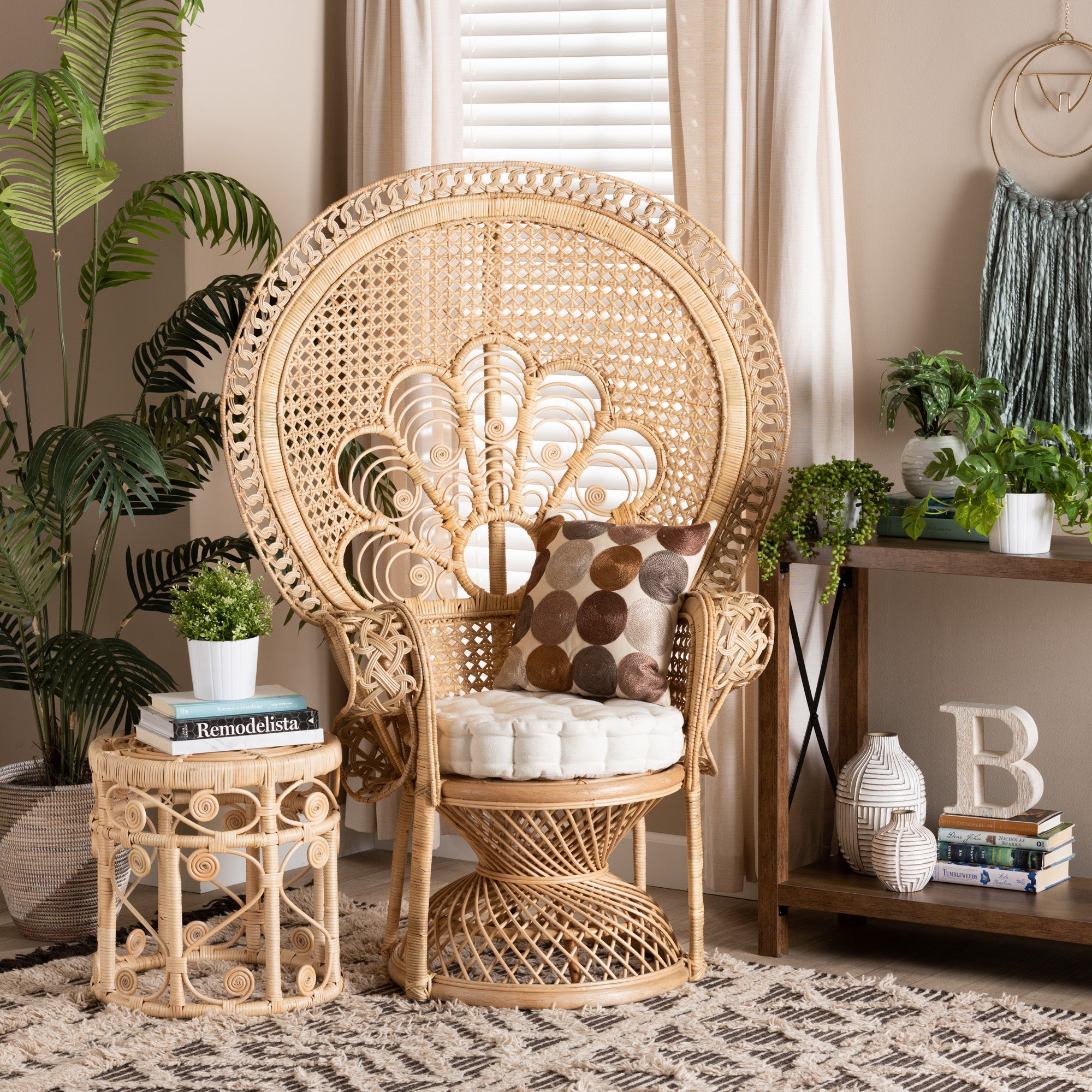 bali & pari Ediva Modern Bohemian Natural Brown Rattan Peacock Accent Chair